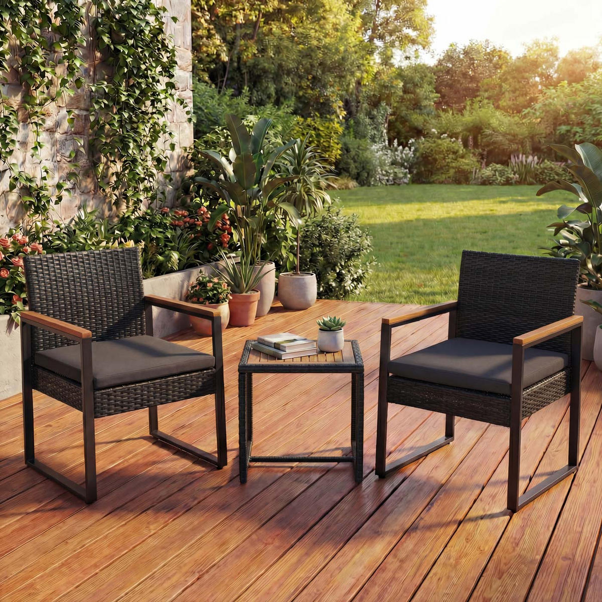 POLY-RATTAN GARNITUR Schwarz - Schwarz, Kunststoff - MCW