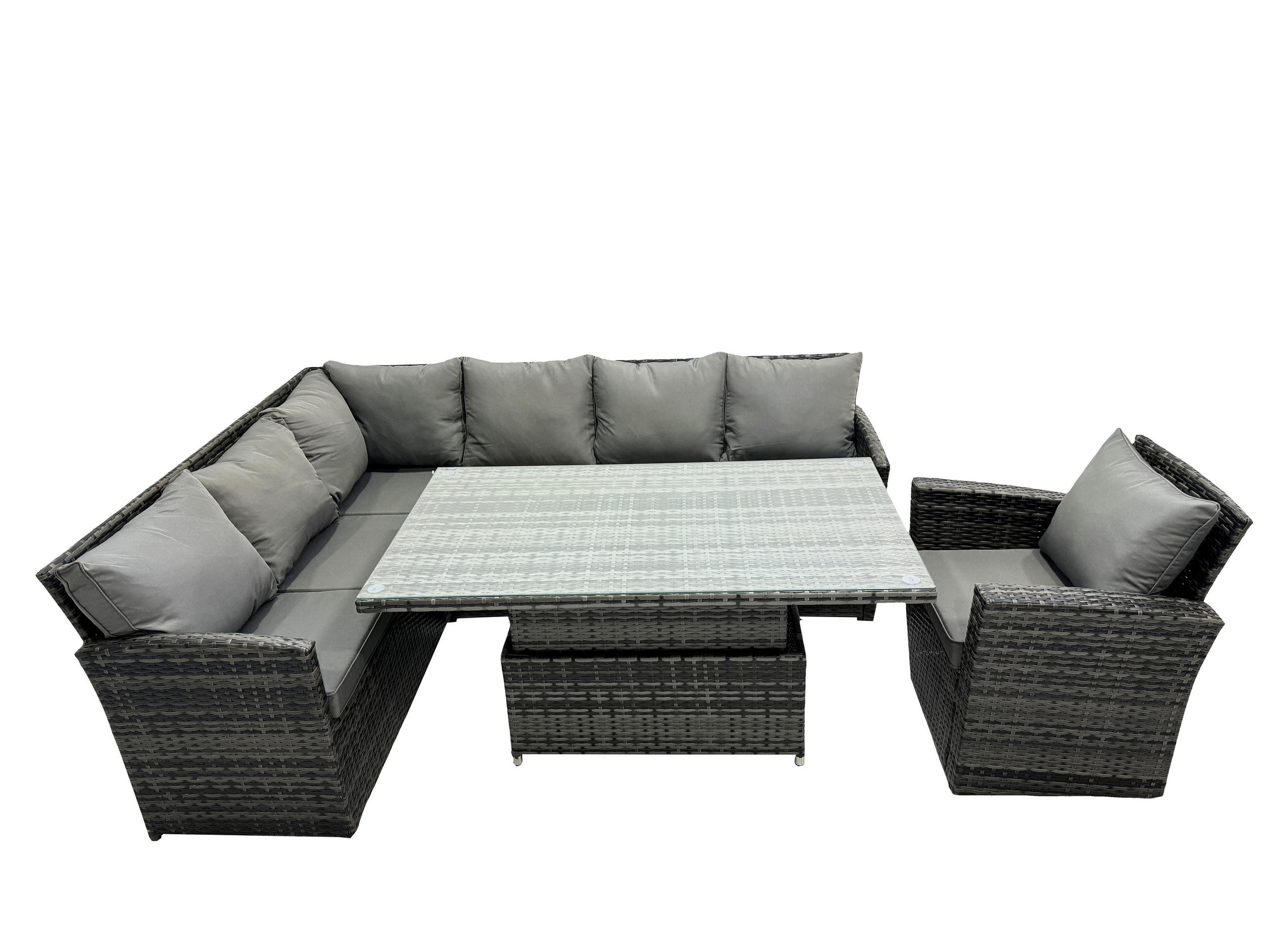 GARTENSET mit Höhenverstellbarer Tisch, Stuhl Polyrattan Dunkelgrau 7-Sitzer - Dunkelgrau/Grau, Glas/Kunststoff - Fimous