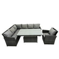 GARTENSET mit Höhenverstellbarer Tisch, Stuhl Polyrattan Dunkelgrau 7-Sitzer - Dunkelgrau/Grau, Glas/Kunststoff - Fimous