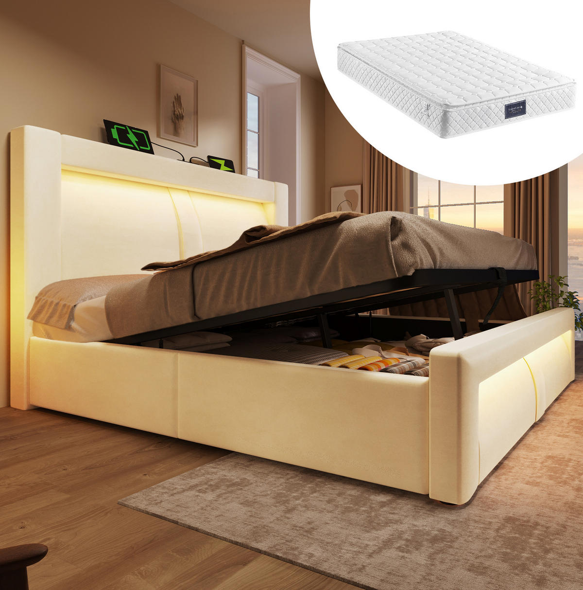 POLSTERBETT 160/200 cm Beige aus Samt mit Stauraum LED und USB-C-Ladestation mit Matratze - Beige, Textil (160/200cm) - OKWISH