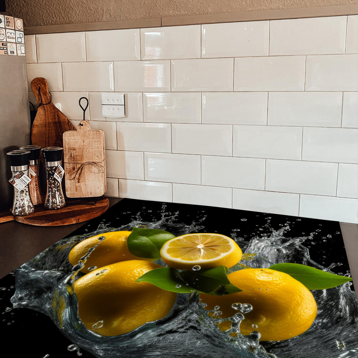 HERDABDECKPLATTE Zitrone - Obst - Gelb - Schwarz 78x78 cm - Gelb, Kunststoff (78/78/0.2cm) - MuchoWow