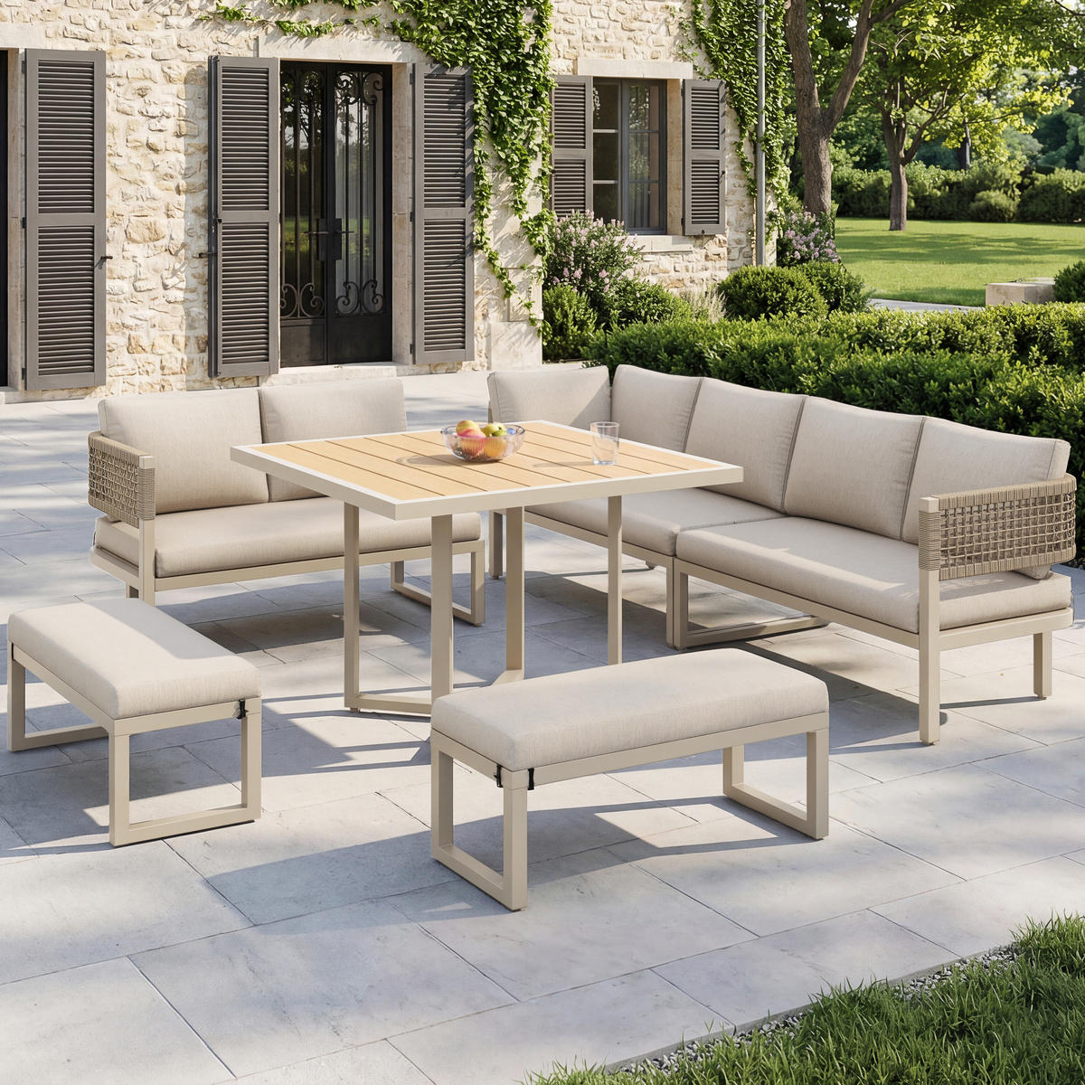 LOUNGEGARNITUR aus Metall & Kunststoffholz 110x58x78cm Beige - Beige, Metall - Modfu
