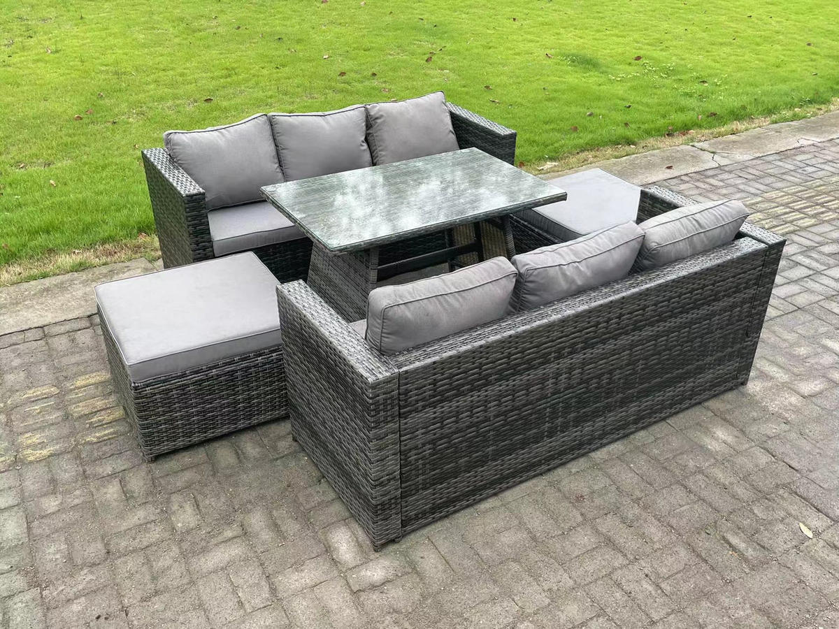 GARTENMÖBELSET mit Hocker 7-Sitzer Grau - Dunkelgrau/Grau, Glas/Kunststoff - Fimous