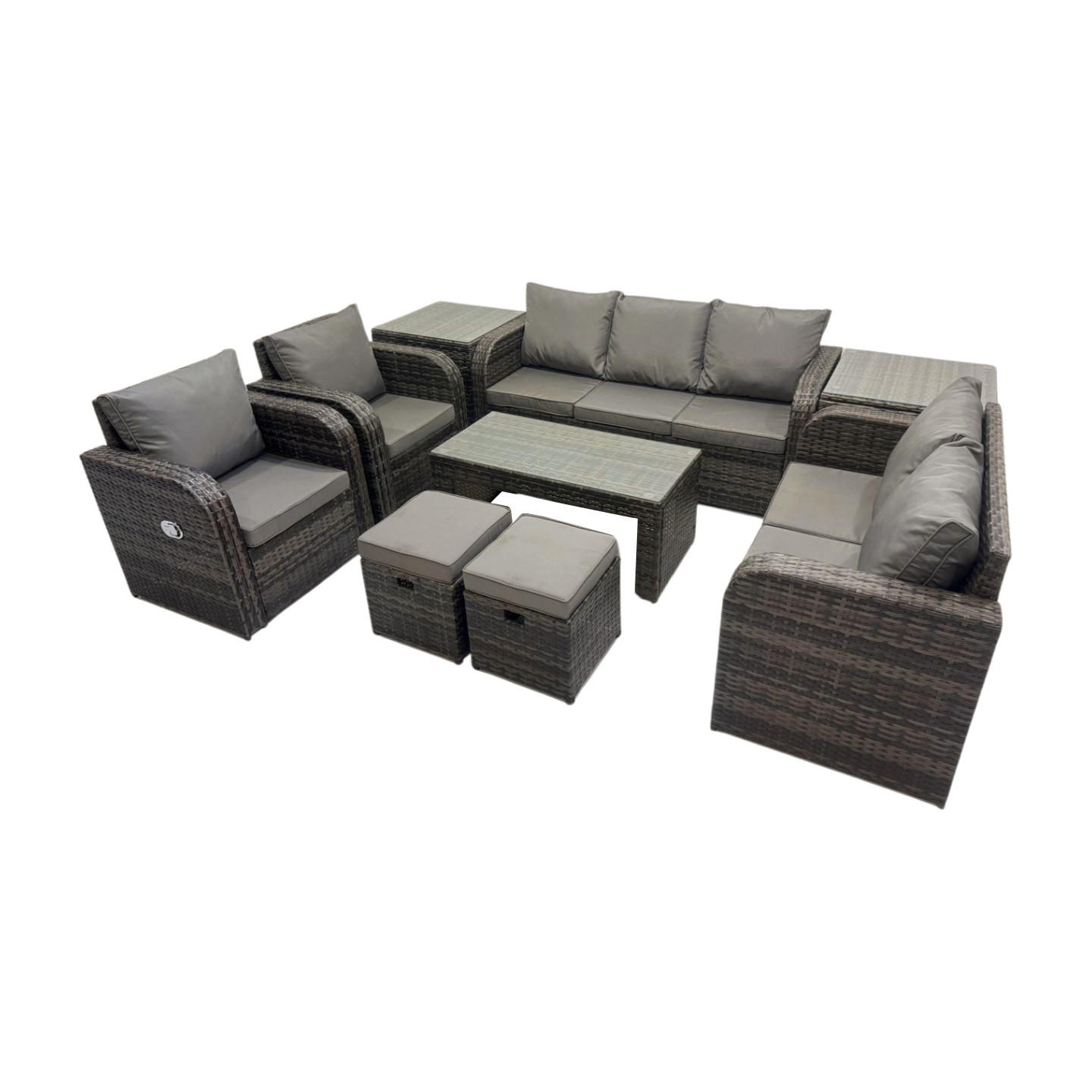 GARTENSOFA SET mit rechteckigem COUCHTISCH Polyrattan 9-Sitzer Dunkelgrau - Dunkelgrau/Grau, Glas/Kunststoff - Fimous