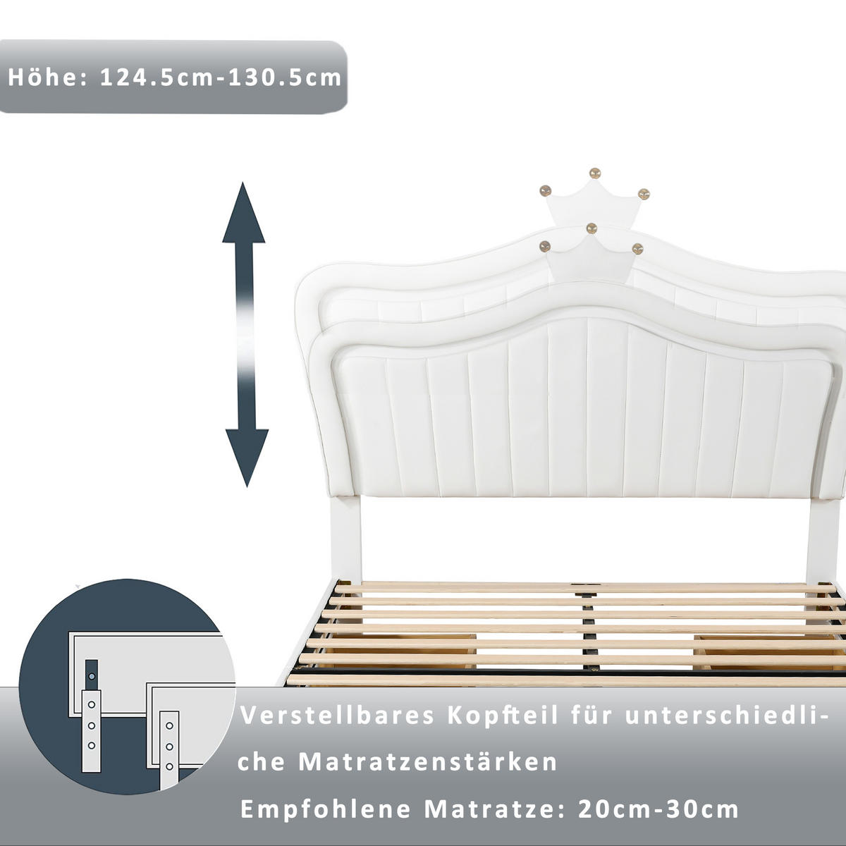 KINDERBETT 140x200 cm Weiß PU Leder Stauraum LED Lattenrost - Weiß, Holzwerkstoff - FLIEKS