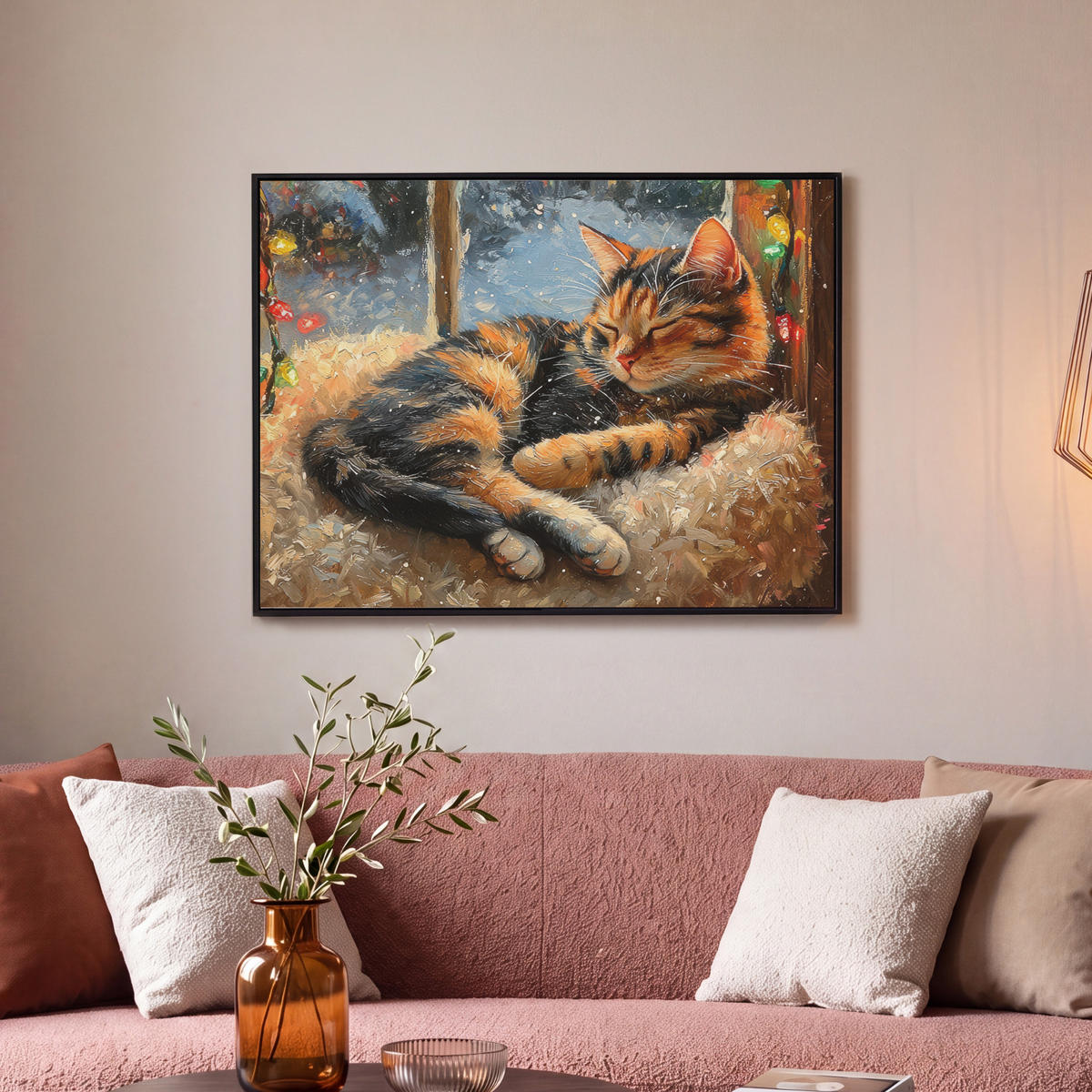 LEINWAND Bilder mit Rahmen - Katze - Weihnachten - Winter - Tier - 80x60 - Bernsteinfarben, Textil (80/60cm) - MuchoWow