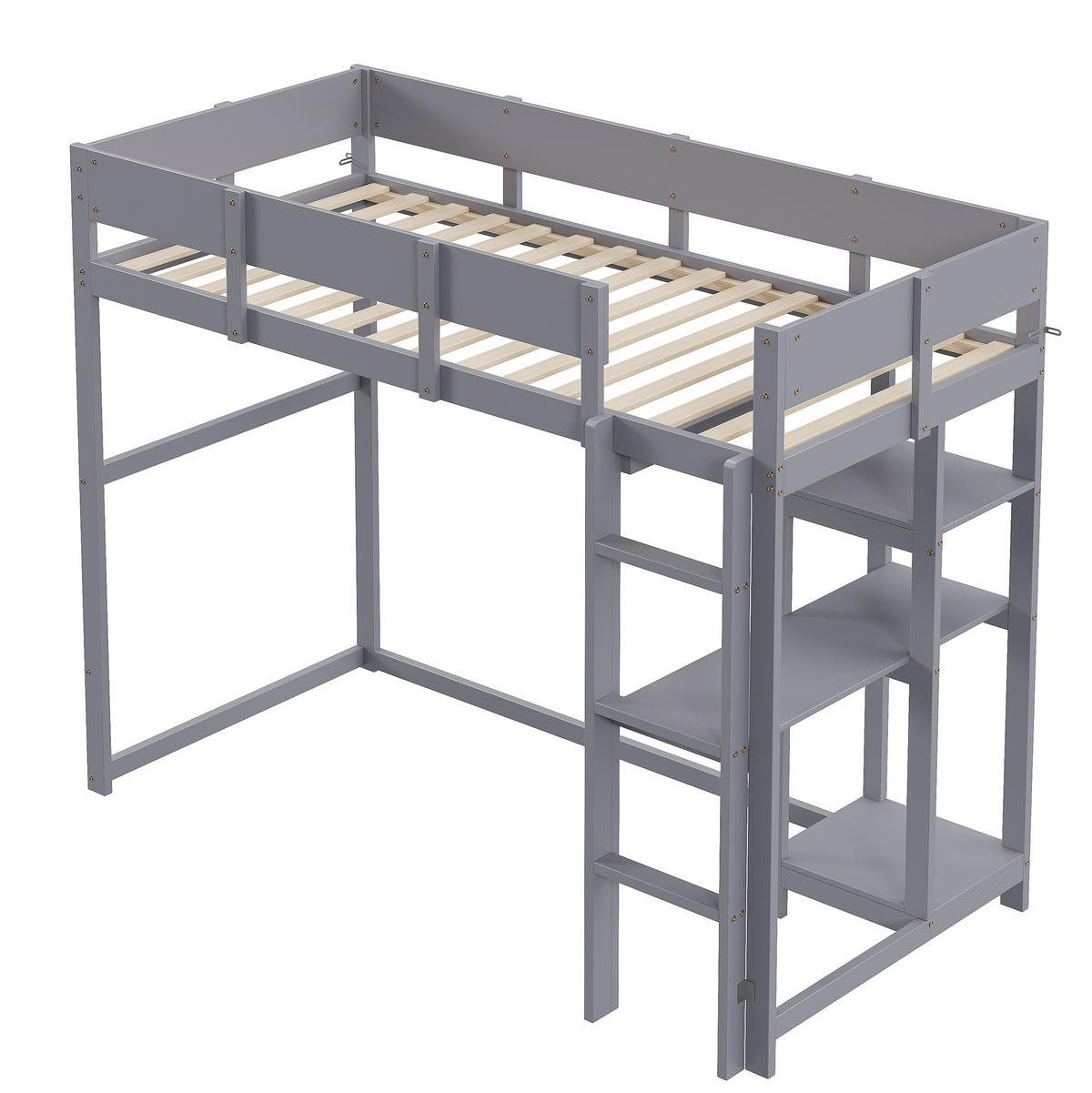 HOCHBETT 90/200 cm mit Ablageregal und Schutzgeländern aus massivem Kiefern, Grau - Grau, Holzwerkstoff (90/200cm) - Redom