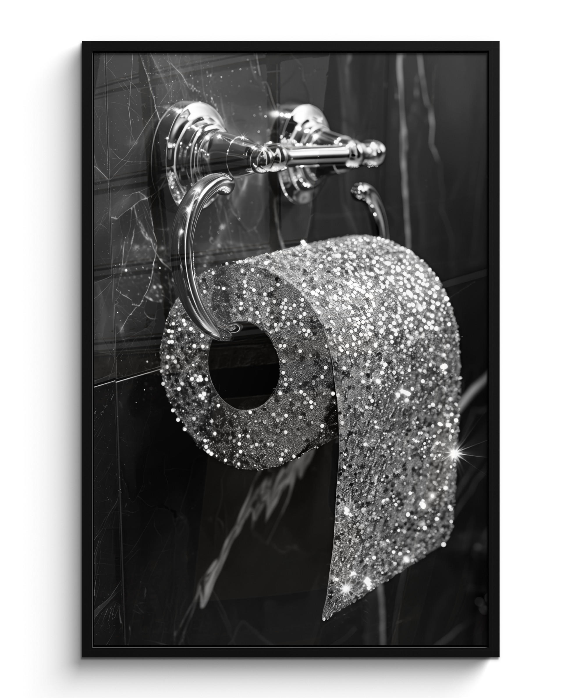 GERAHMTES BILD WC - Toilettenpapier - Schwarz und weiß - Glitter 80x120 cm - Silberfarben, Papier (80/120cm) - MuchoWow