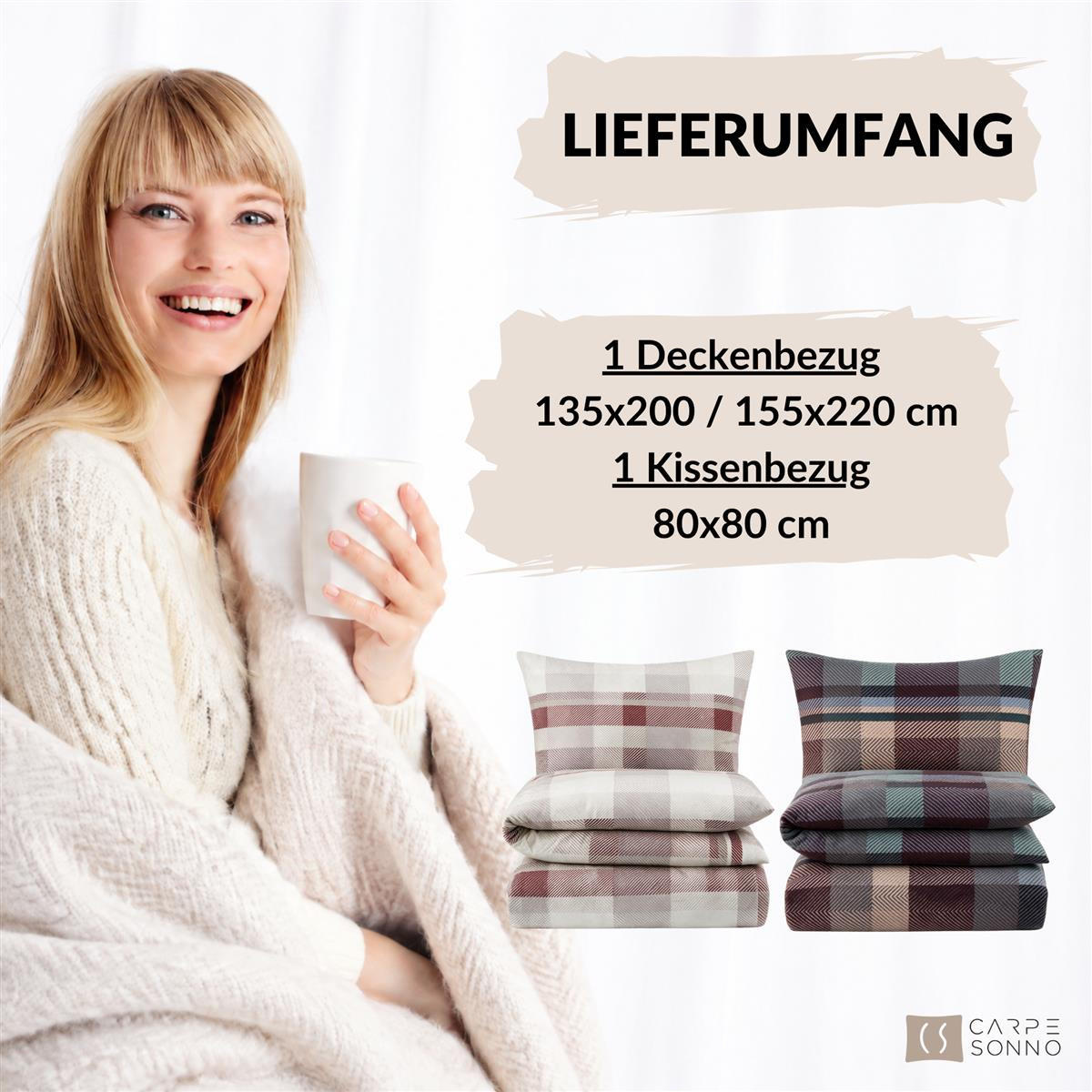 BIBER-BETTWÄSCHE 155x220 - Kuschelig warmer Flanell Bettbezug aus 100% Baumwolle für Herbst & Winter - Muster kariert Beige - Beige, Textil (155/220cm) - Carpe Sonno