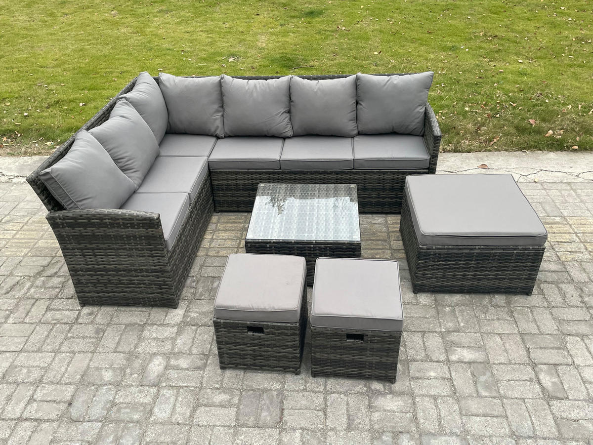 GARTENGARNITUR mit Ecksof,Couchtisch,Stuhl Polyrattan Dunkelgrau 9-Sitzer - Dunkelgrau/Grau, Glas/Kunststoff - Fimous