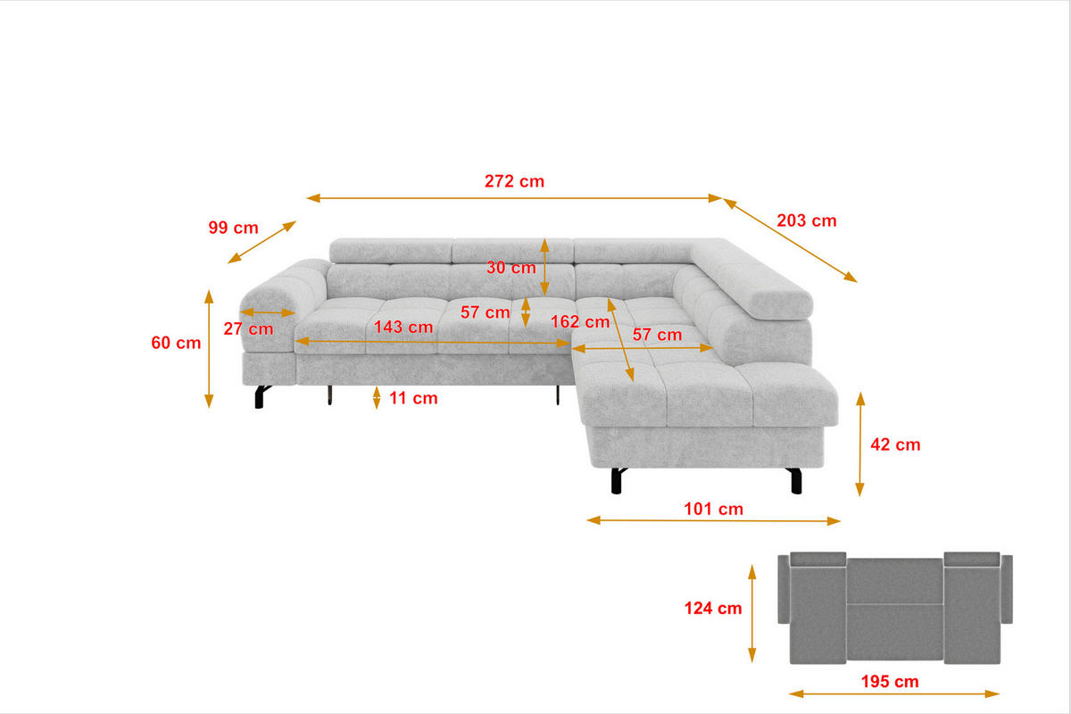 ECKSOFA mit Schlaffunktion Ottomane Rechts LUMA-L 272x203x70 Grau Velours - Schwarz/Grau, Holzwerkstoff/Kunststoff (203/272cm) - ALTDECOR