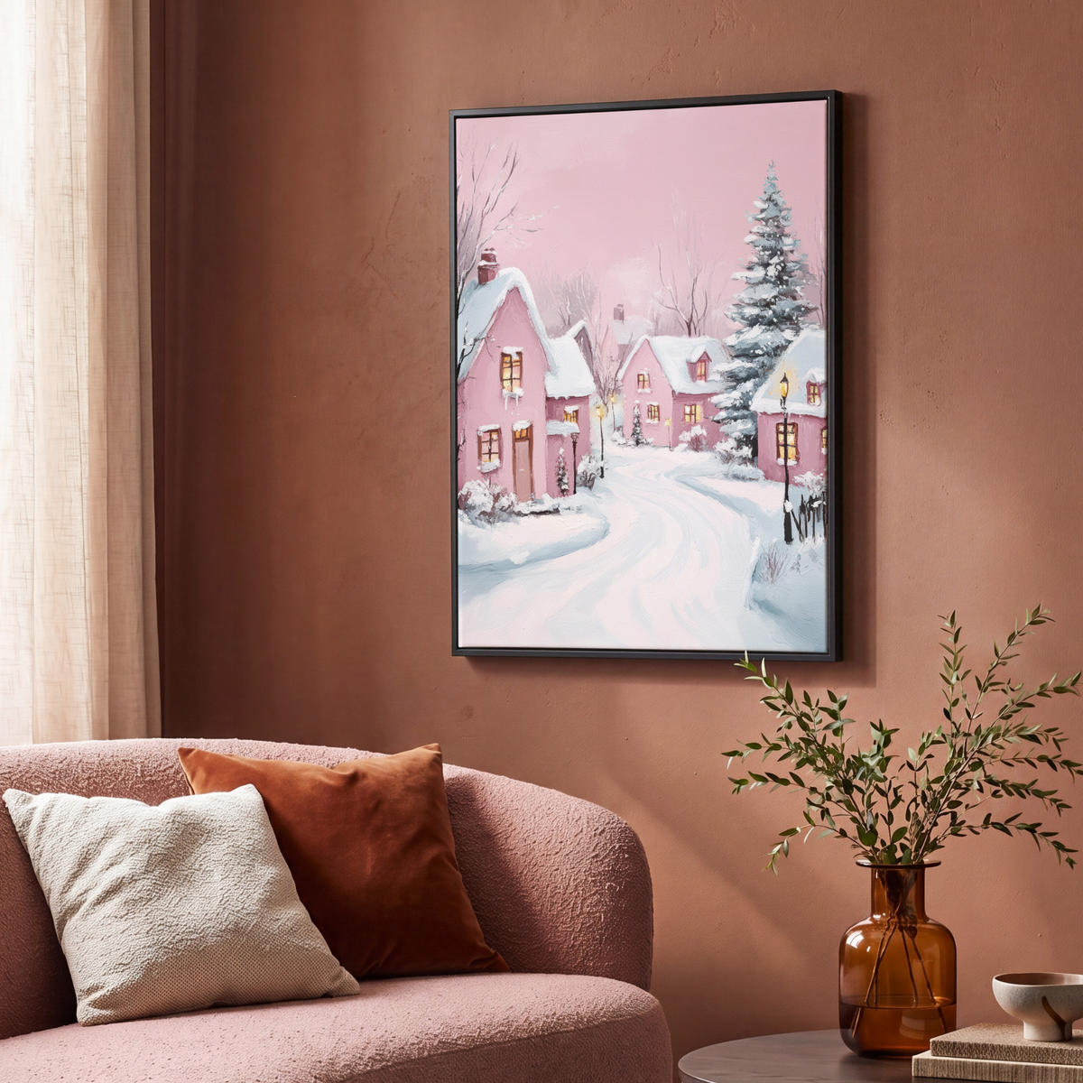 LEINWAND Bilder mit Rahmen - Weihnachtsdorf - Rosa - Winter - Schnee - Häuser - 70x100 - Altrosa, Textil (70/100cm) - MuchoWow