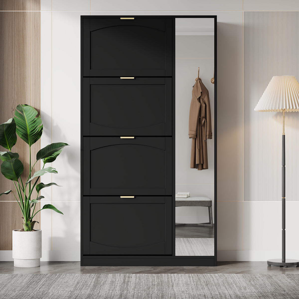 SCHUHSCHRANK 80/24/147 cm schwarz aus Spanplatte mit Spiegelklappen - Schwarz, Holzwerkstoff (80/147/24cm) - OKWISH