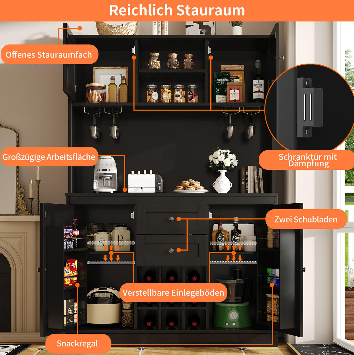 BUFFET 120/40/188 cm schwarz aus MDF mit Weinregal - Schwarz, Holzwerkstoff (120/188/40cm) - OKWISH