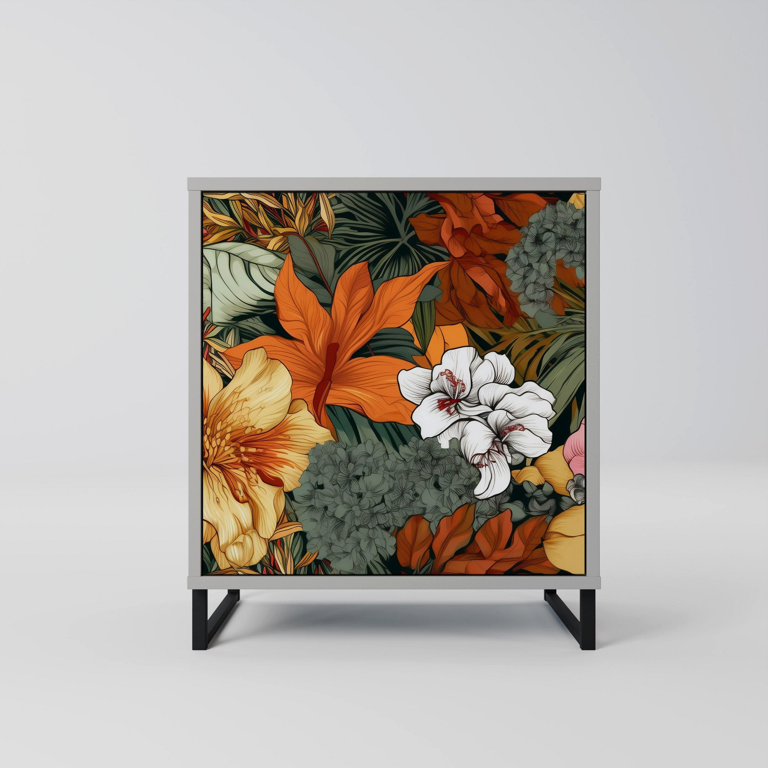 SIDEBOARD RADIANT FLORA, Grau, 57,5x42x67,5 cm, Schwarze Metall-Rahmenfüße - Multicolor/Schwarz, Holzwerkstoff/Metall (57.5/67.5/42cm) - SpaceRebels