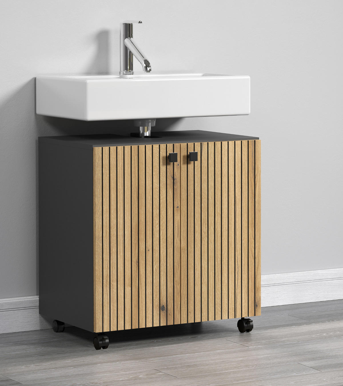 WASCHBECKENUNTERSCHRANK Evoke Eiche, grau 60 cm, Badschrank auf Rollen - Eichefarben/Anthrazit, Holzwerkstoff/Metall (60/64/42cm) - Top.Furn