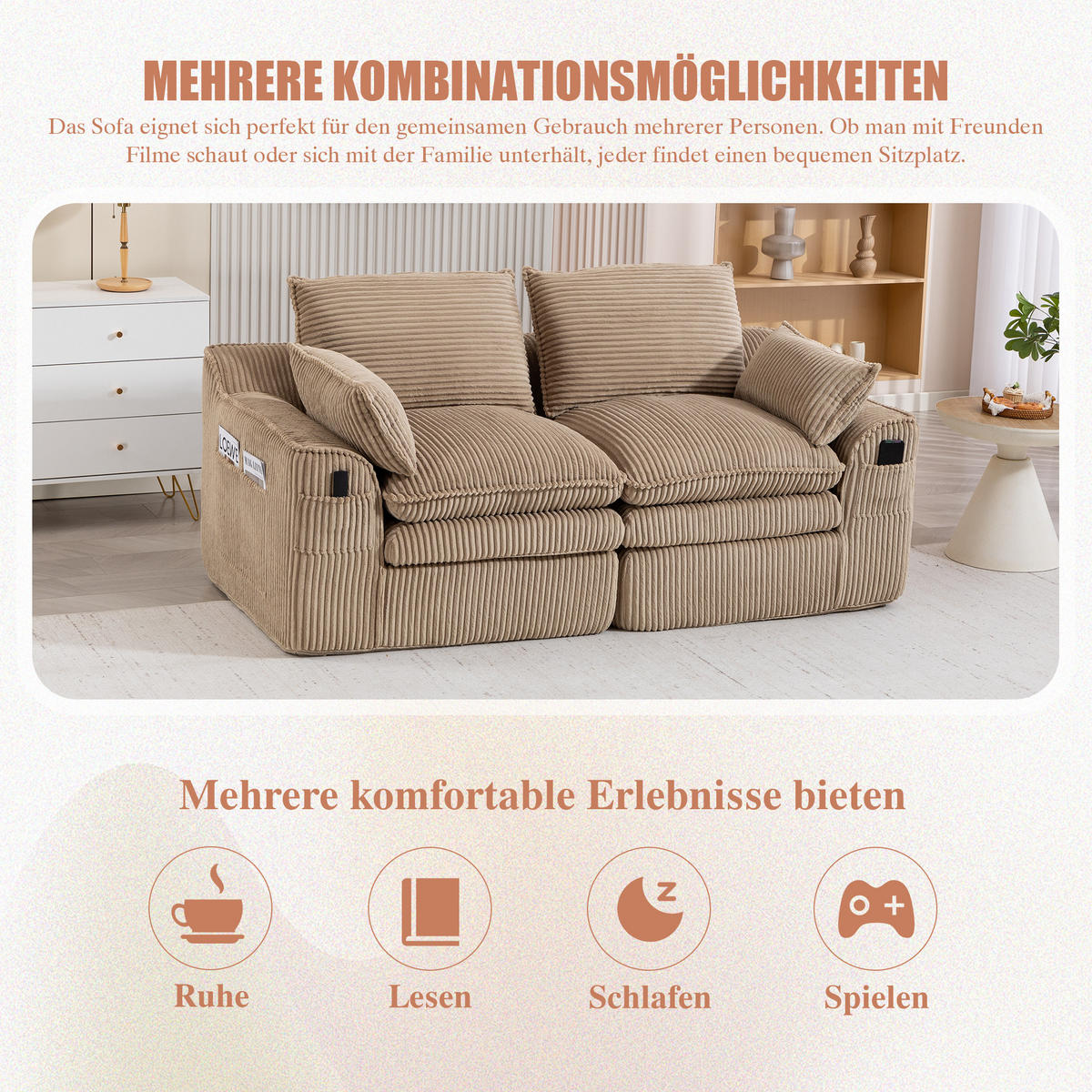2-SITZER SOFA Cord Khaki mit Kissen und Seitentaschen - Hellbraun, Textil (191/85/94cm) - WISHDOR