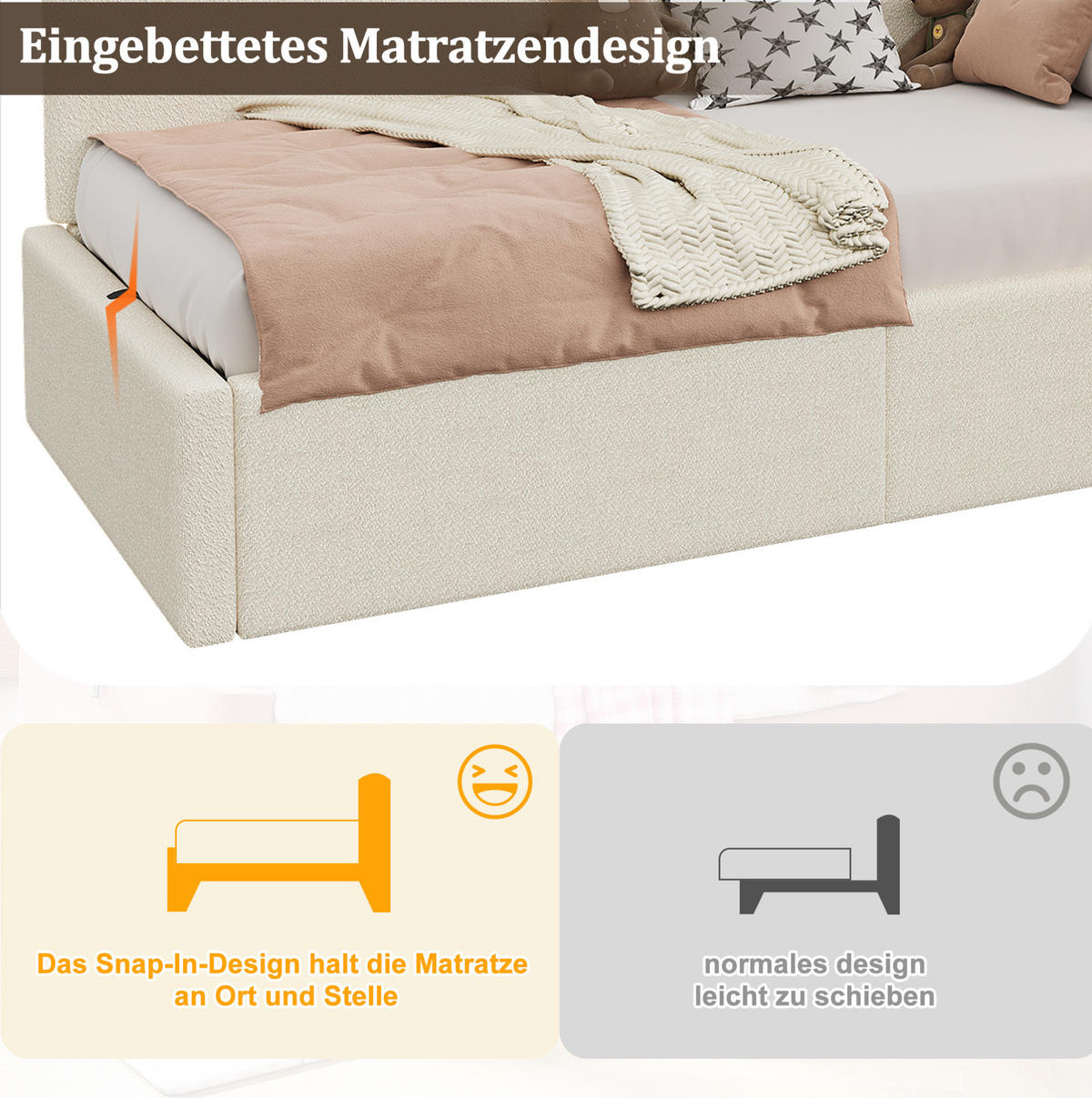 BETT 90/200 cm mit Bettkasten, USB-C-Anschluss und Leselampe, Bouclé Beige - Beige, Textil (90/200cm) - BEAOK