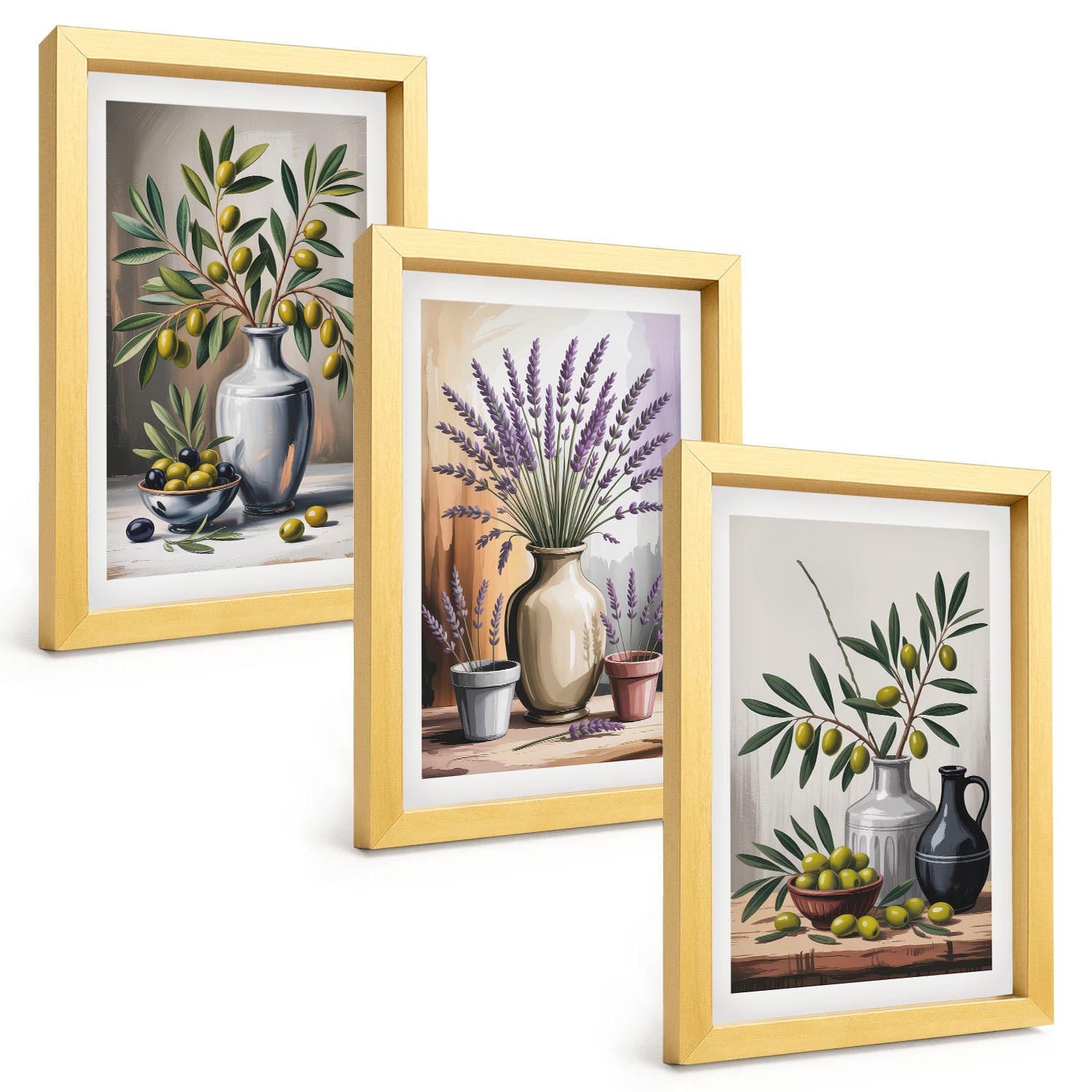 BILDER SET 3er Set - 20x30 cm Goldrahmen - Olivenblüten in Vasen im Hintergrund - Goldfarben, Kunststoff (20/30cm) - TULUP