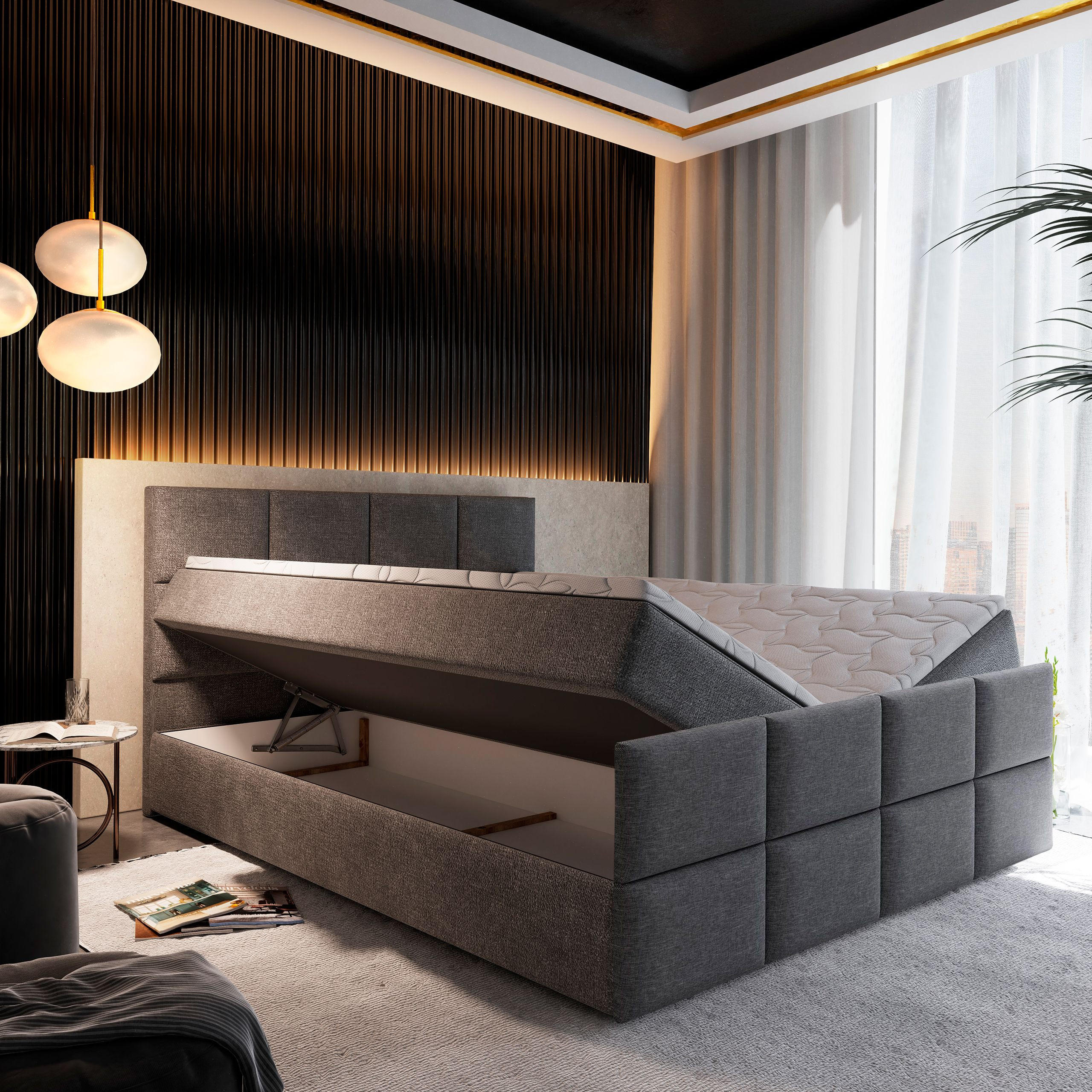 Thumbnail - Masseno Boxbett, Hellgrau, Holz, H2 + H3, 140x200 cm, Schlafzimmer, Betten, Boxspringbetten