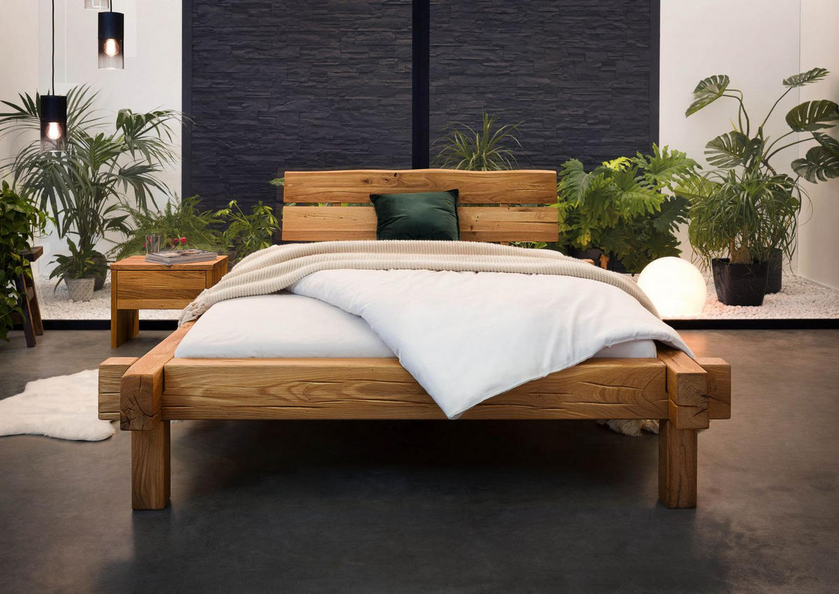 BETT Massivholz Wildeiche 160 x 200 x 85 natur BALKENMÖBEL #711 - Braun, Holz (160/200cm) - Massivmoebel24