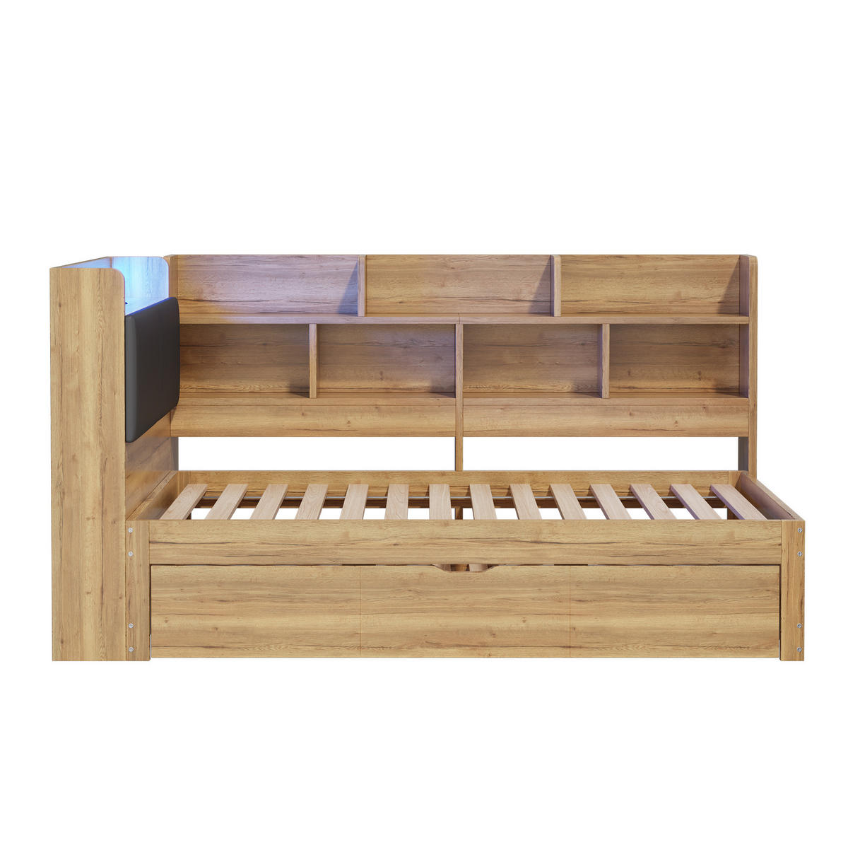 KINDERBETT 90/200 cm aus MDF mit Ausziehbett 90/190 cm, LED, USB-C und Stauraum, Natur - Naturfarben, Holzwerkstoff (90/200cm) - Redom