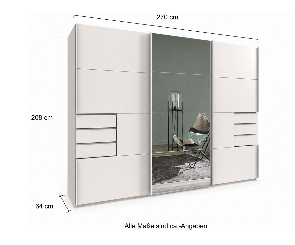 SKŘÍŇ S POSUVNÝMI DVEŘMI, 3dveřová, šířka 270 cm, výška 208 cm, hloubka 64 cm, bílá, s jedním zrcadlovým křídlem, se zásuvkami / 22613 - bílá, kov/kompozitní dřevo (270/208/64cm) - luma-home