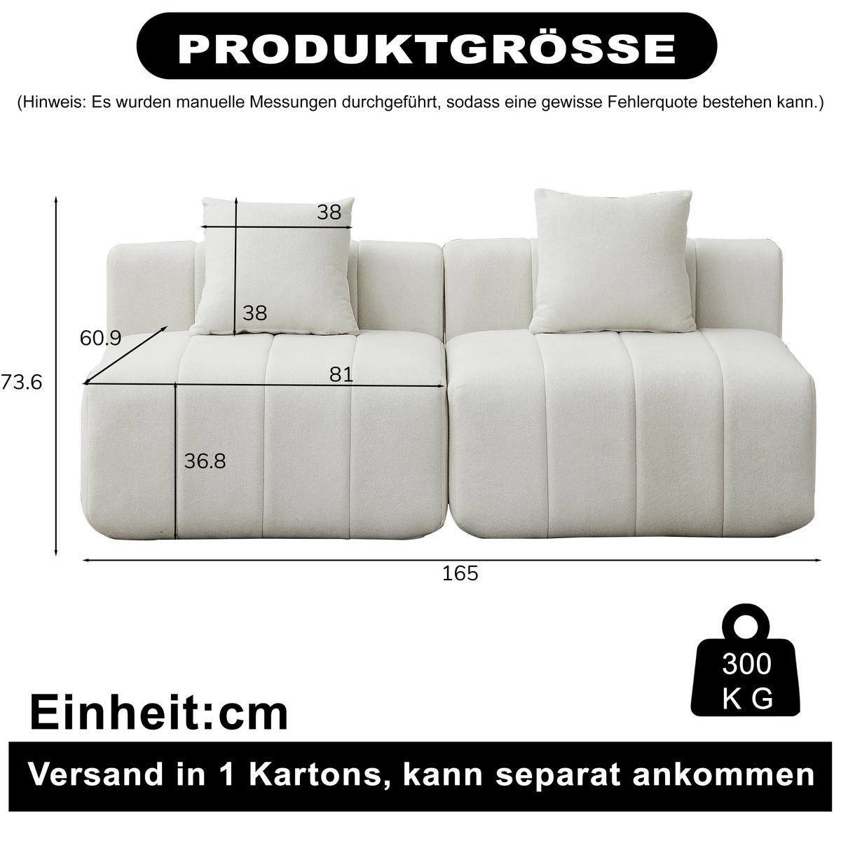 ECKELEMENT Modular mit Klaviertasten-Design und 2 Kissen, DE-42718, Beige - Beige, Textil (165/73.6/60.9cm) - ComfortXL