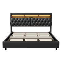 POLSTERBETT 180x200 cm mit LED-Beleuchtung - Kopfteil-Stauraum und Gasdruckfeder-Bettkasten - ohne Matratze - Schwarz - Schwarz, Textil (180/200cm) - DELFA