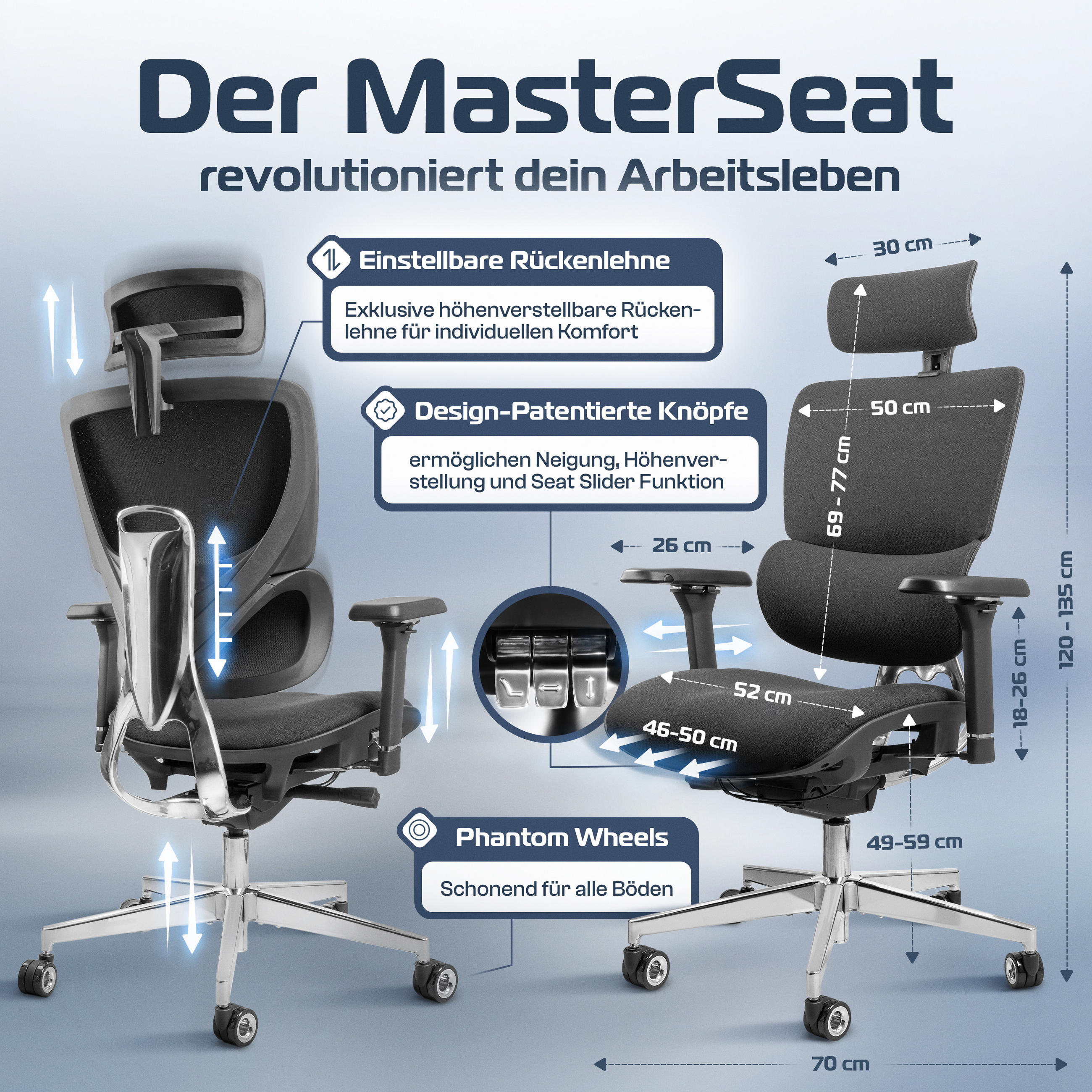 BÜROSTUHL MasterSeat Anthrazit - Anthrazit/Silberfarben, Kunststoff/Textil (70/135/70cm) - Clouvou