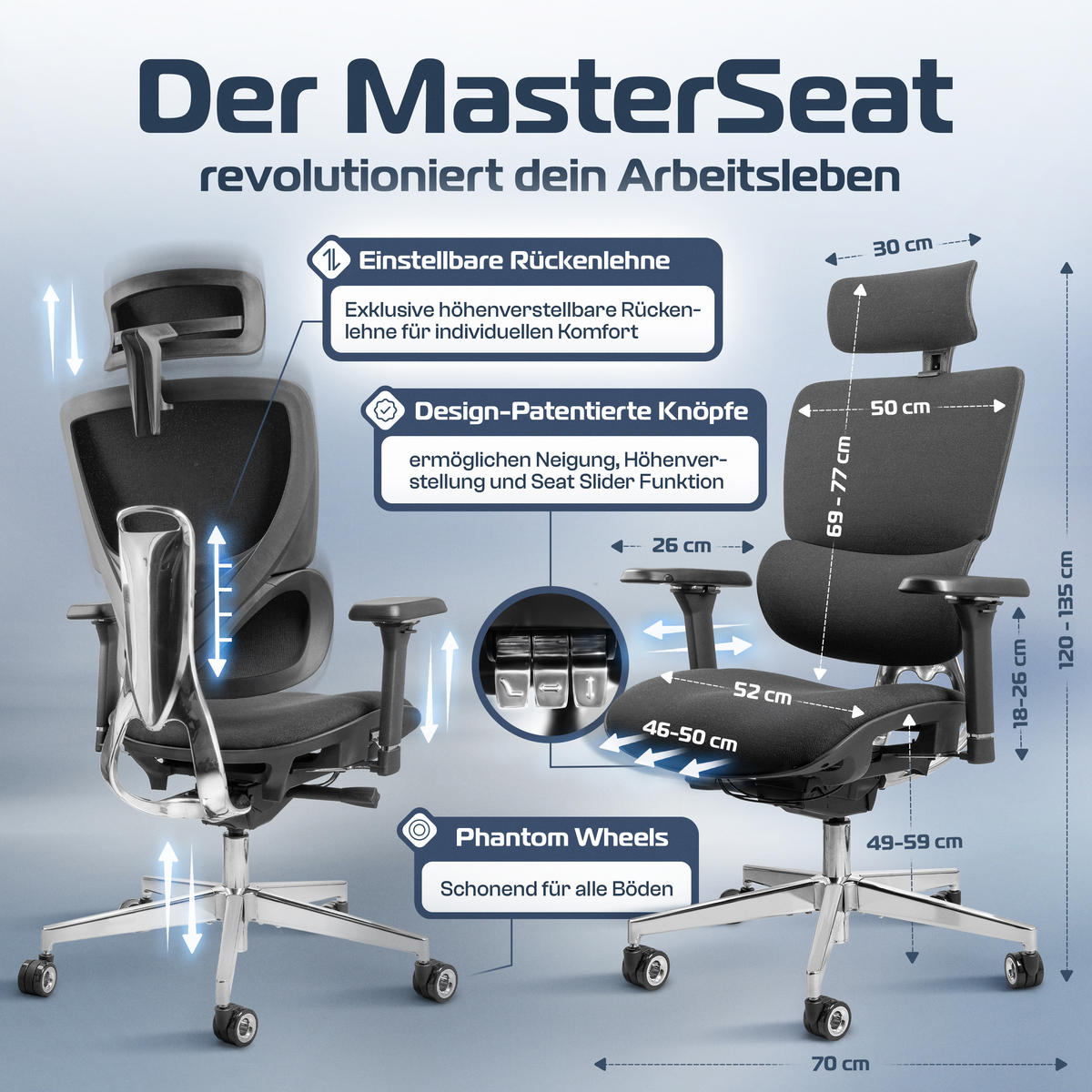 BÜROSTUHL MasterSeat Anthrazit - Anthrazit/Silberfarben, Kunststoff/Textil (70/135/70cm) - Clouvou