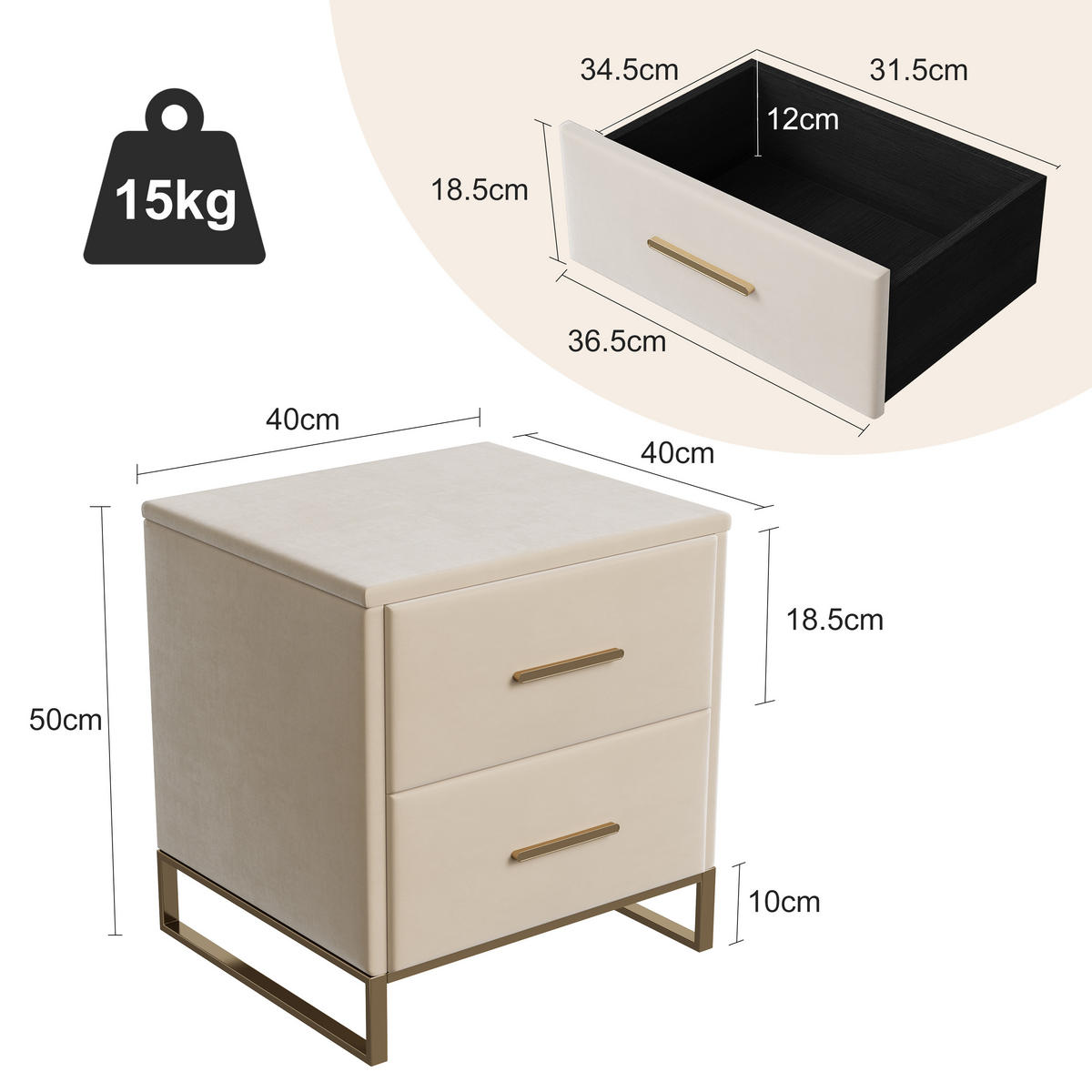 NACHTTISCH 2er Set Samt 2 Schubladen beige - Beige, Holz (40/50/40cm) - LEBENLANG