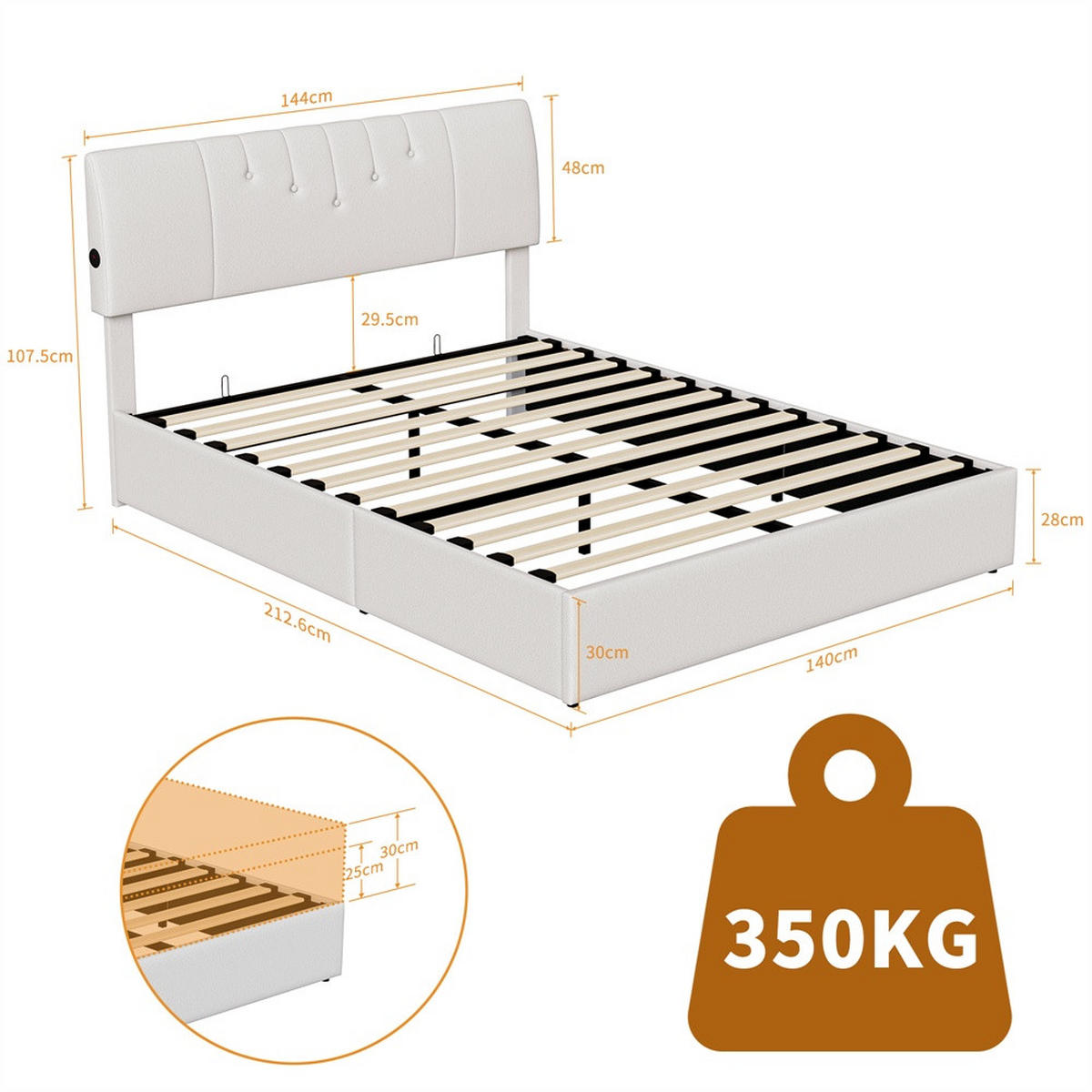 POLSTERBETT 140x200 cm mit hydraulischem Stauraum - USB-Ladeanschlüssen - Gepolstertes Kopfteil - ohne Matratze - Creme, Textil (140/200cm) - DELFA