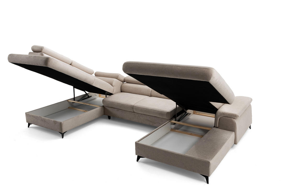 ECKSOFA U-Form PLAZA U Rechts mit Schlaffunktion 125x256 Velours Dunkelbeige - Beige/Creme, Holz/Kunststoff (210/95/350cm) - Muffo