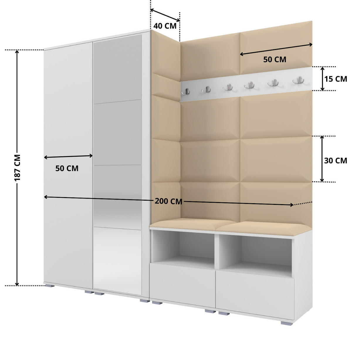 GARDEROBE NELA VI 200 cm (Kompaktgarderobe Weiß mit Spiegel & Sitzpolster Beige 04 Schrank & Paneel) - Beige/Silberfarben, Holz/Holzwerkstoff (200/187/40cm) - Ravio