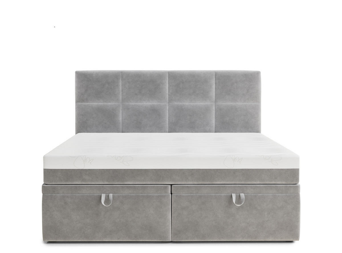 BOXBETT 140/200 cm Umage, in Hellgrau, Matratze, gepolstertes Kopfteil, Bettkasten, H3 = fest - Hellgrau/Schwarz, Holz/Holzwerkstoff (140/200cm) - Maison de Reve