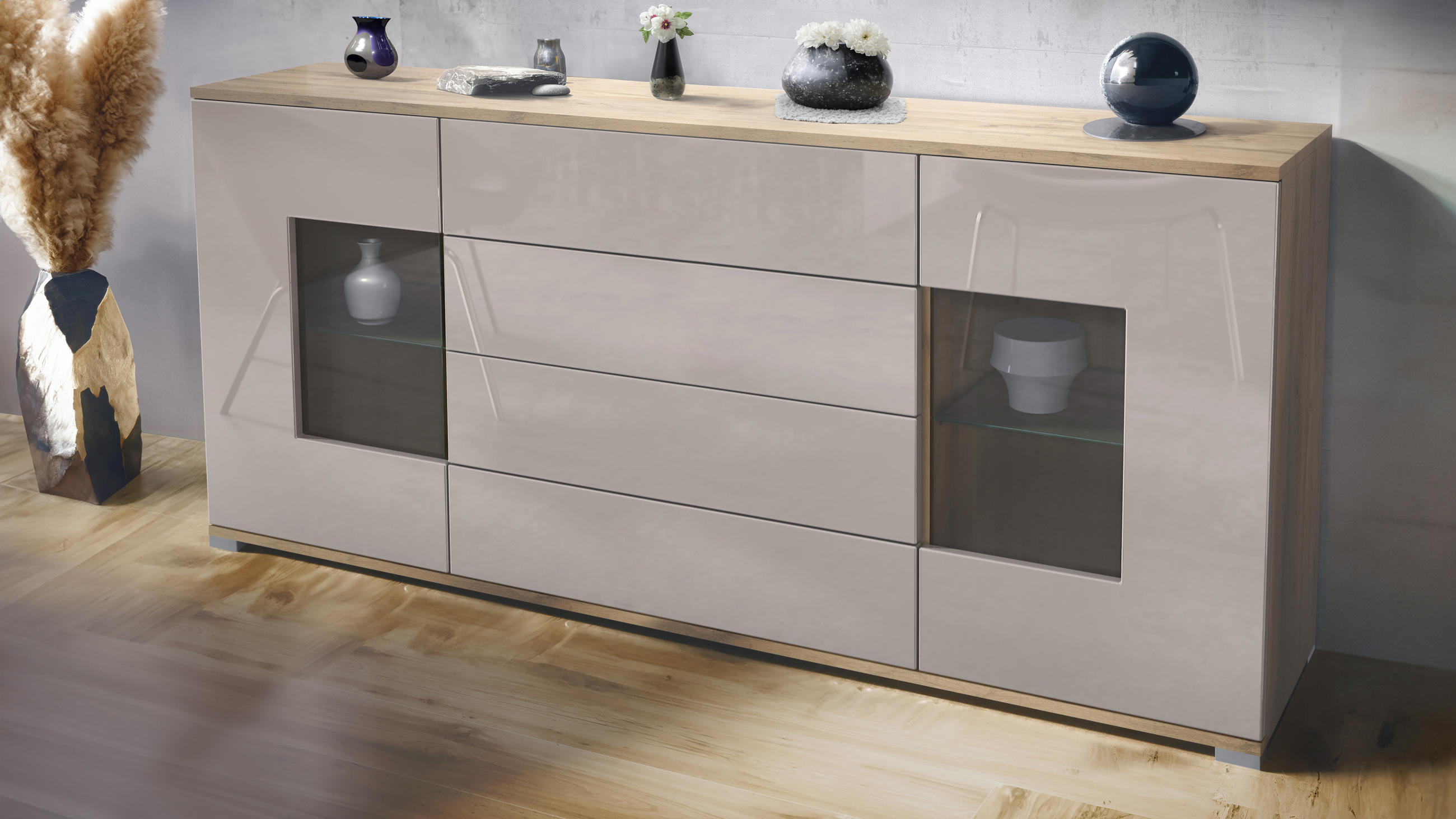 SIDEBOARD Grömitz Sandgrau Hochglanz - Sandfarben, Holzwerkstoff (166.5/75.5/35cm) - Vladon