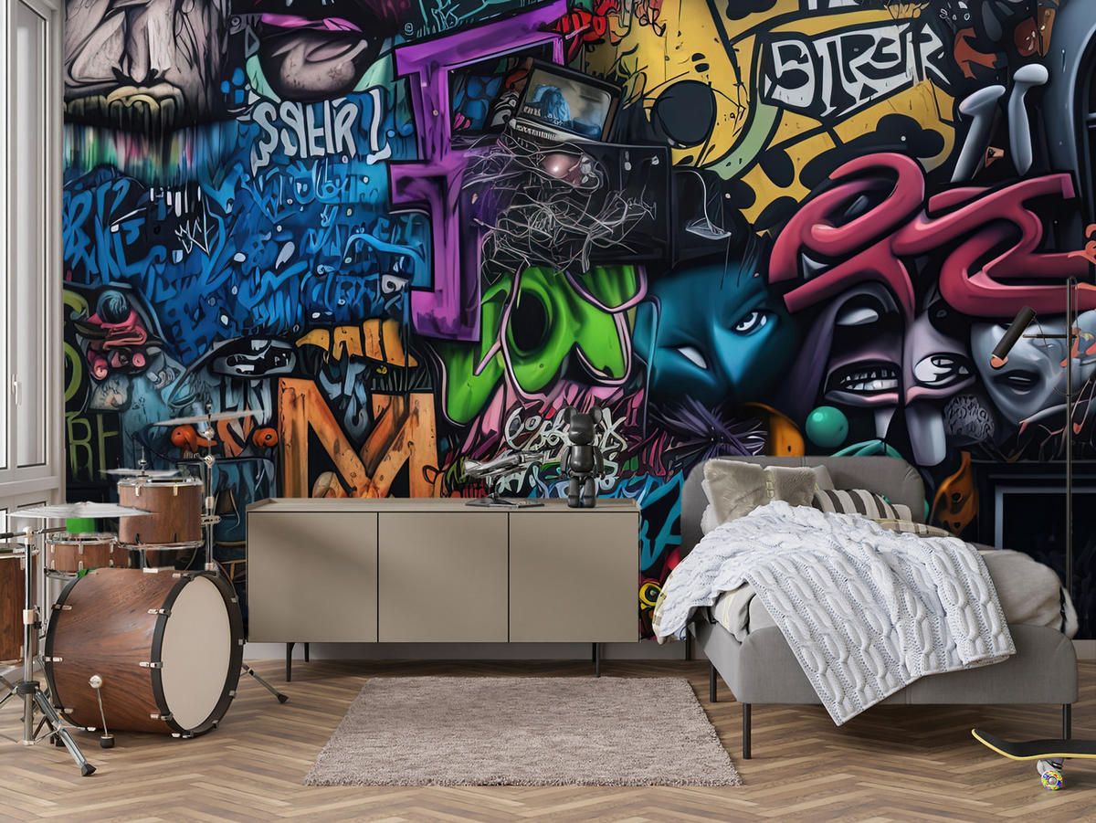 FOTOTAPETE für Jugendzimmer Bunte Graffiti Figura Schrift Abstrakt 200x140 - Blau/Pink, Papier (200/140cm) - Muralo