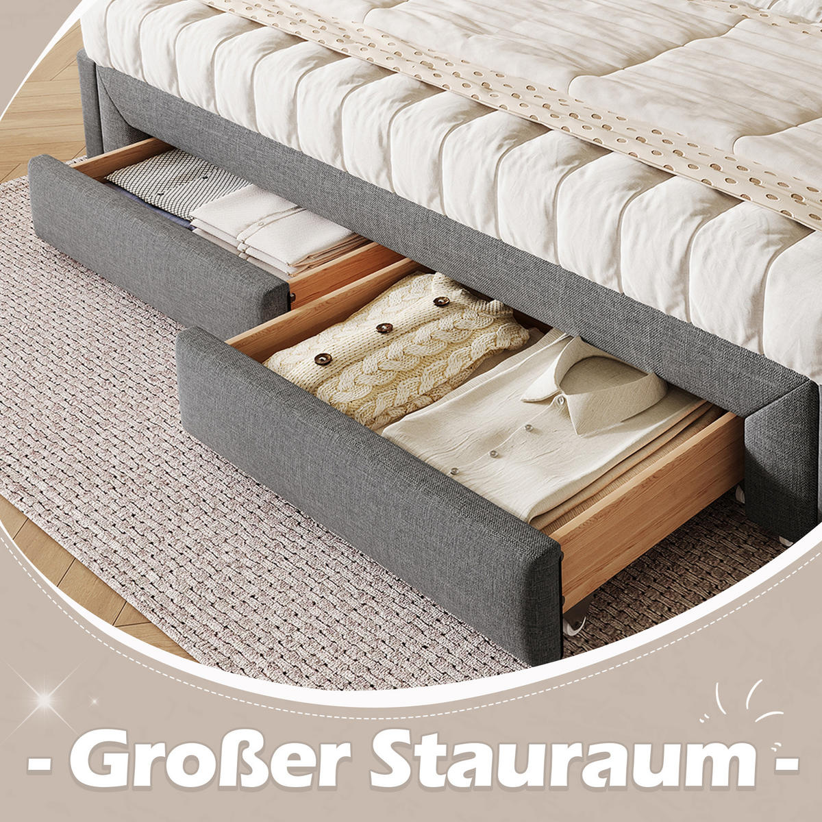 TAGEBETT 90x200cm Grau quadratische Rückenlehne Ausziehbett 2 Schubladen - Grau, Holz (90/200cm) - FLIEKS