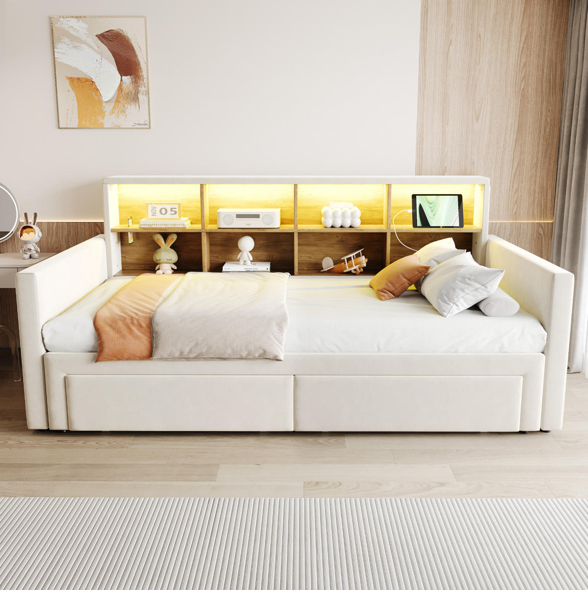POLSTERBETT 90/190 cm Beige aus Samt mit Stauraum und LED-Beleuchtung - Beige, Textil (90/190cm) - OKWISH