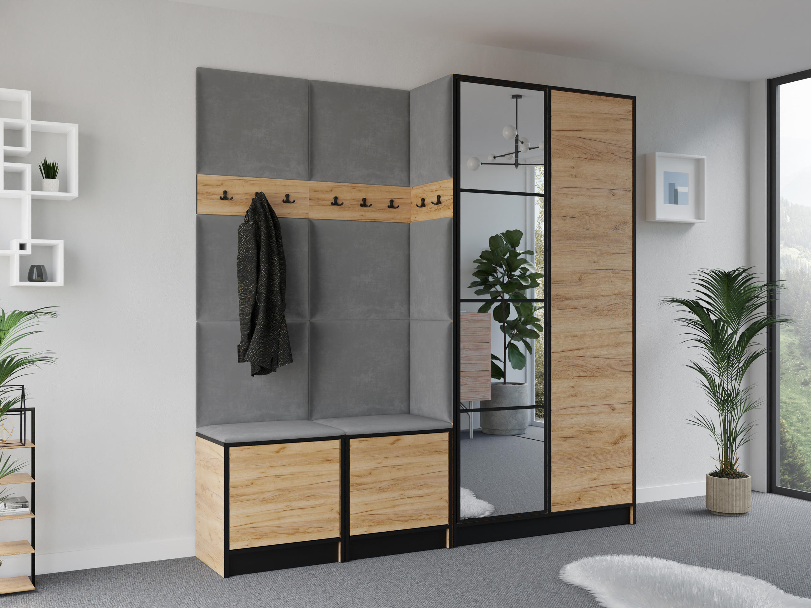 GARDEROBENSCHRANK EDEN 21 mit Spiegel - Eiche Craft Gold & Stoff Grau - Honigeiche/Grau, Holzwerkstoff (211/205/39cm) - Kier Furniture