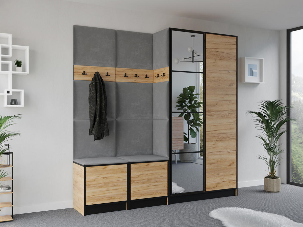 GARDEROBENSCHRANK EDEN 21 mit Spiegel - Eiche Craft Gold & Stoff Grau - Honigeiche/Grau, Holzwerkstoff (211/205/39cm) - Kier Furniture