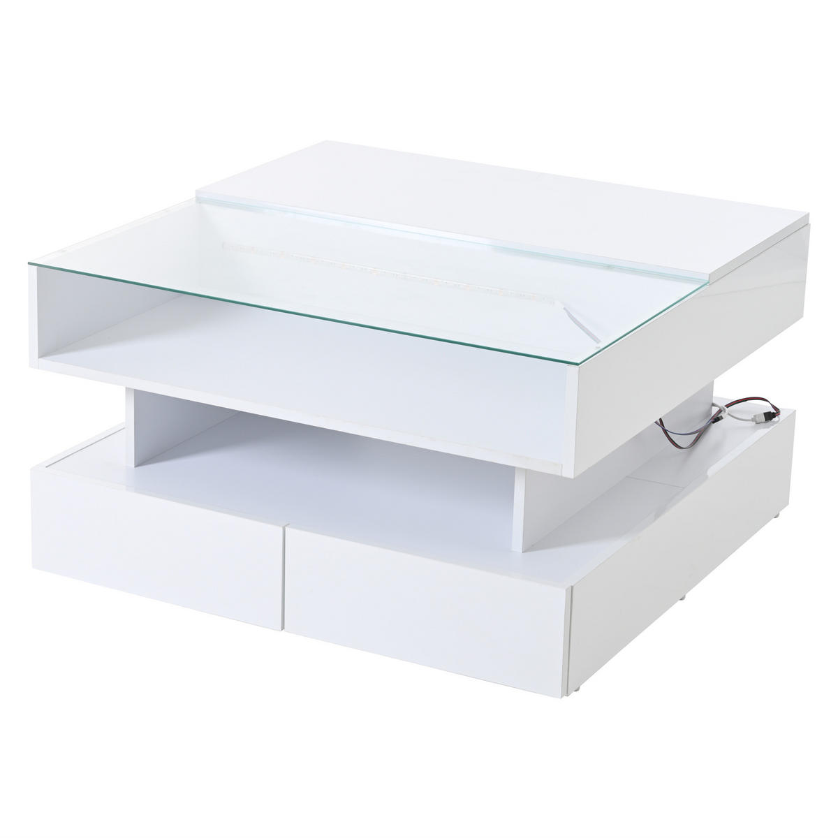 COUCHTISCH, hydraulisch höhenverstellbar, Hochglanz Weiß mit LED & Stauraum, 80/80/45 cm,Weiß - Weiß, Holzwerkstoff (80/80/45cm) - Redom