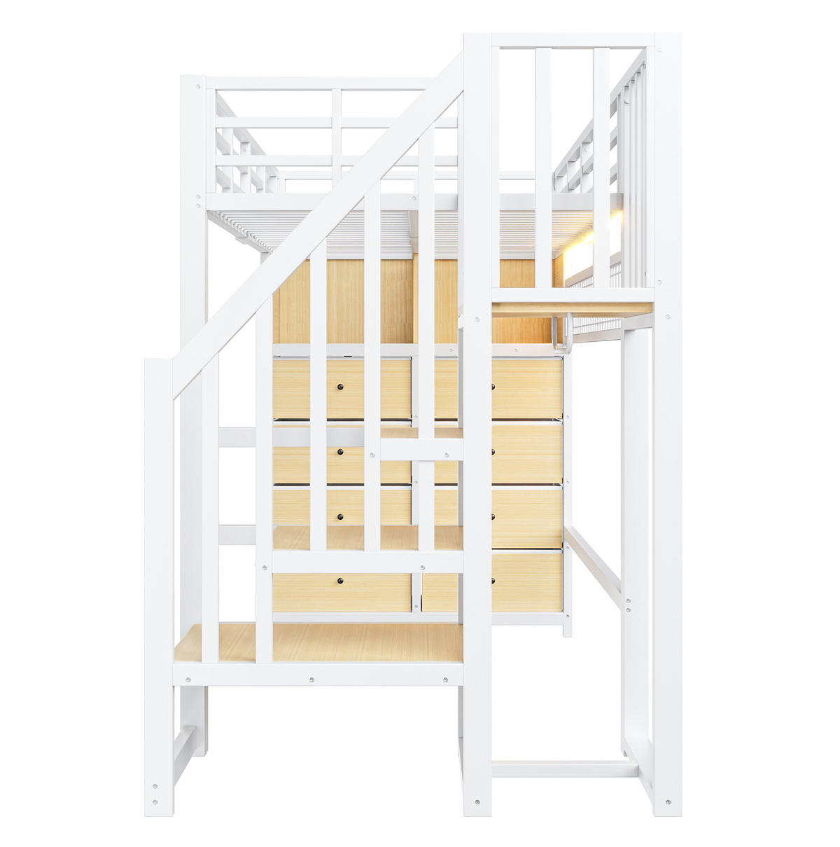HOCHBETT MDF Metall 90x200 cm Weiß mit Stauraumtreppe, LED und 8 Schubladen - Weiß, Holzwerkstoff (90/200cm) - Modfu