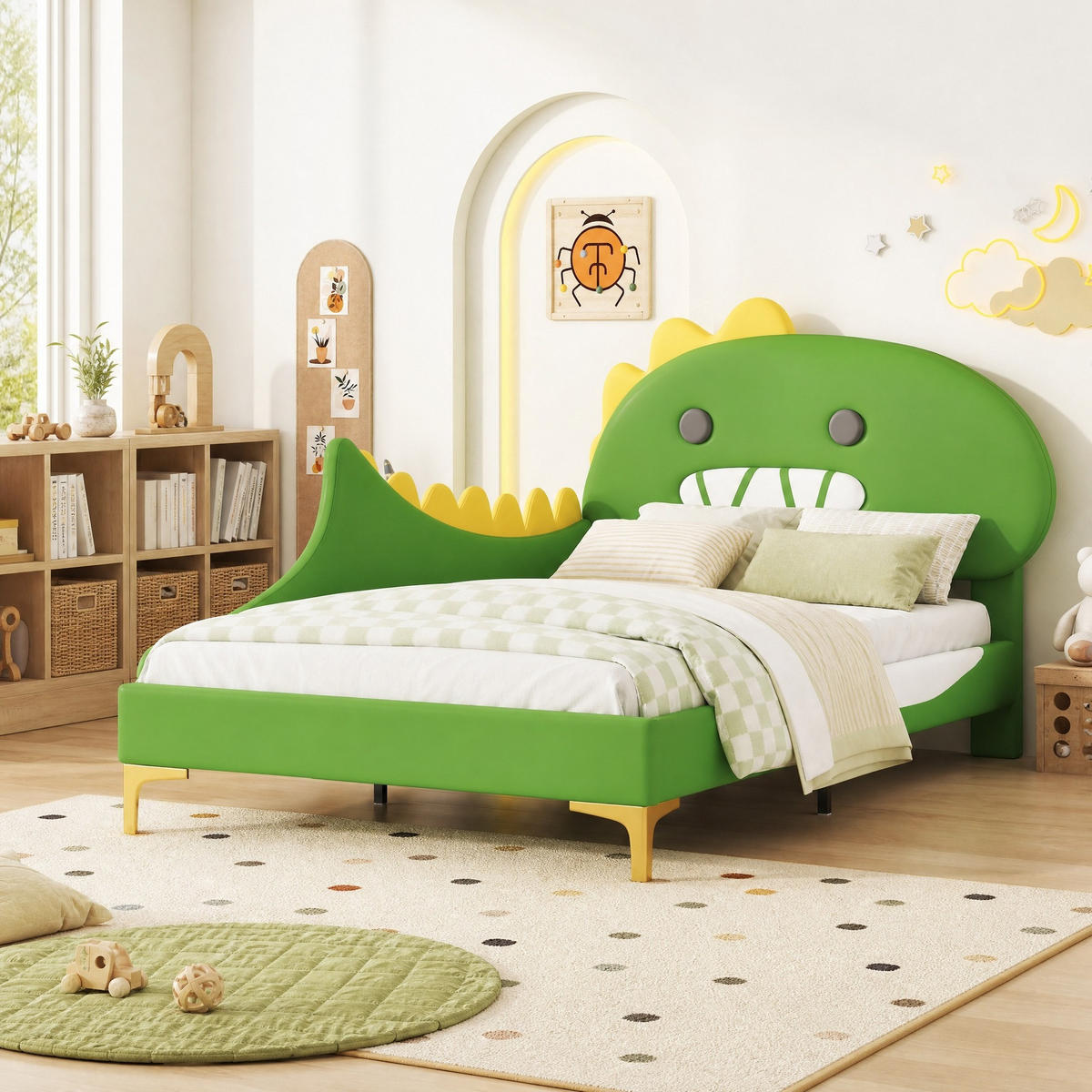 KINDERBETT 90/200 mit Cartoon-Dinosaurierform,PU-Material und MDF in Grün - Grün, Holzwerkstoff/Textil (90/200cm) - EVRYAE