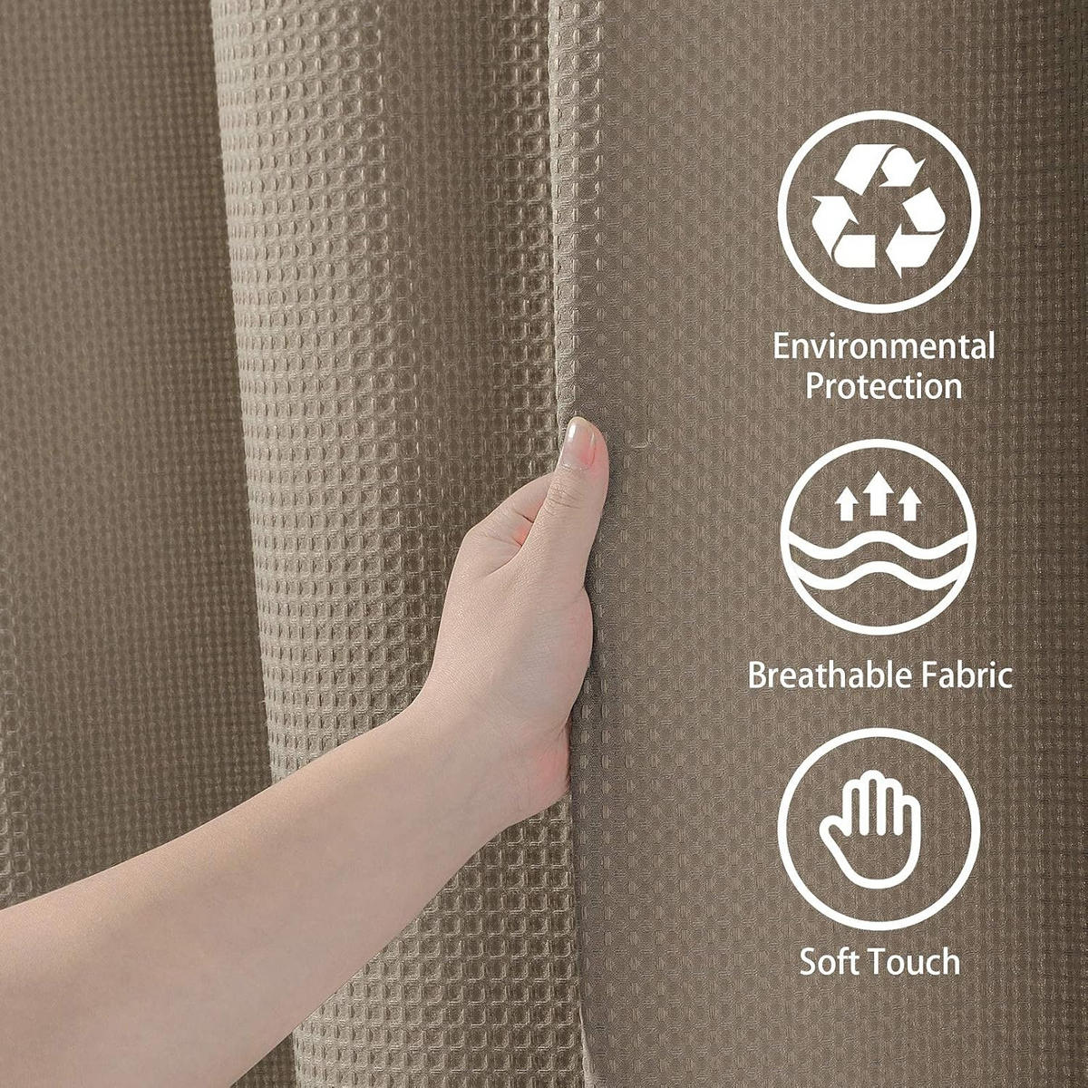 DUSCHVORHANG Khaki Waffelstruktur mit Ringen schimmelresistent - Braun, Textil (200/0.5cm) - MCBOSON
