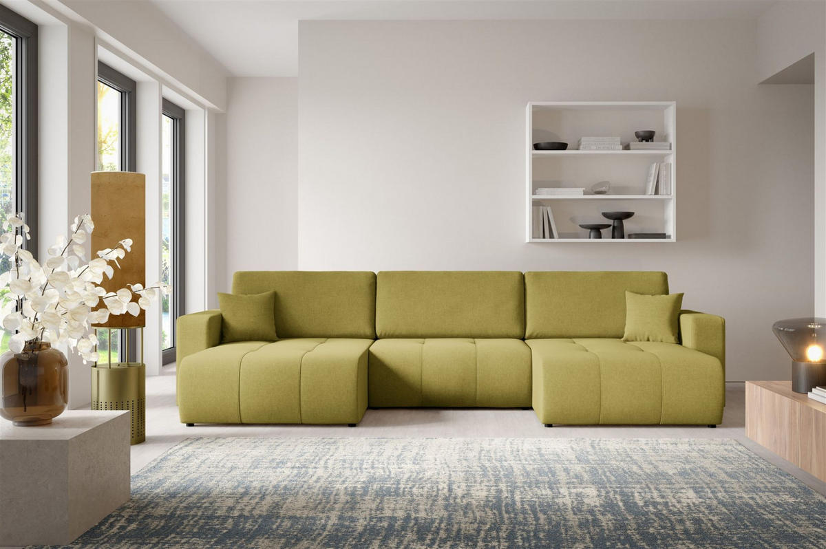 WOHNLANDSCHAFT Augusto - Dunkelgrün, Holzwerkstoff/Textil (344/82/149cm) - Fun Möbel