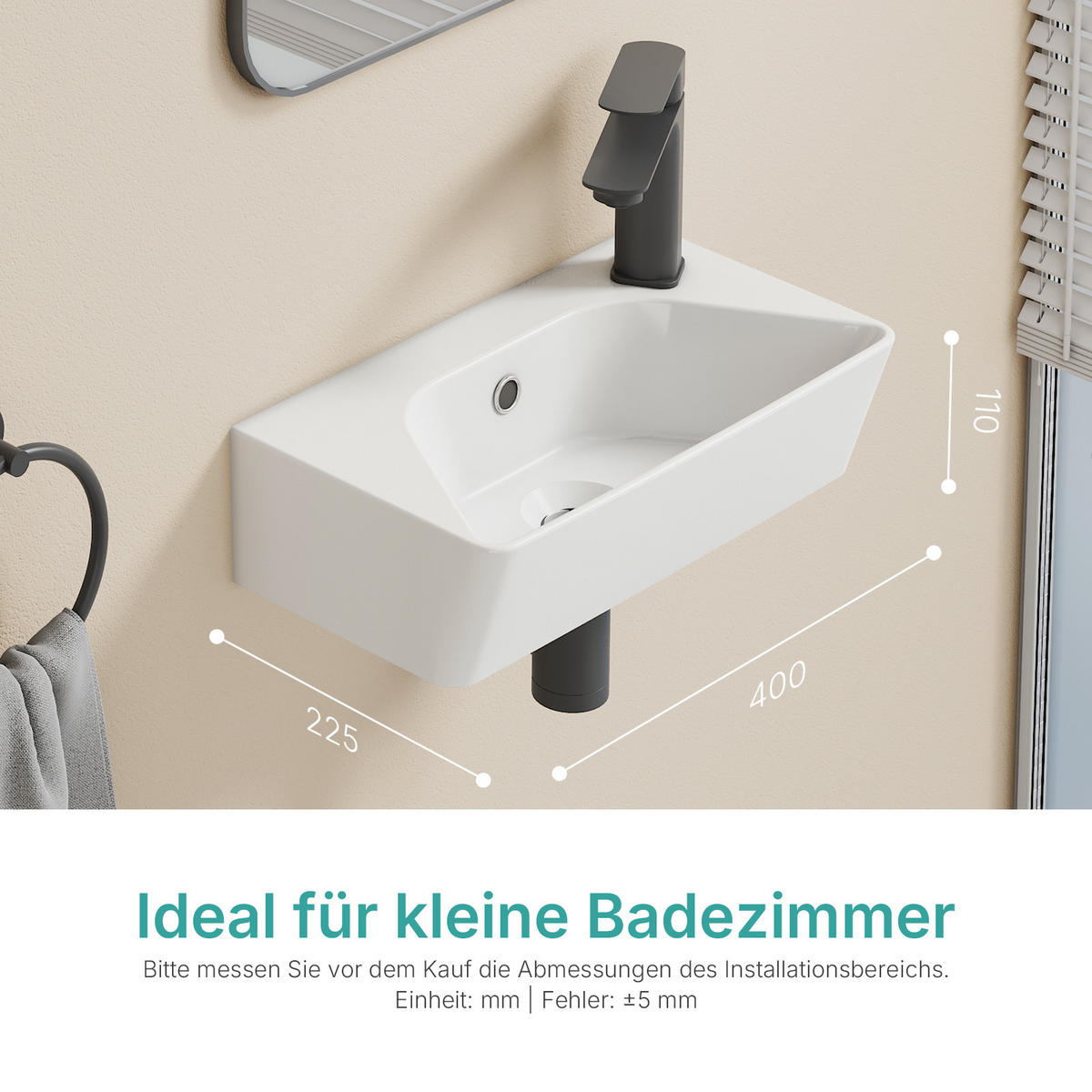 HANDWASCHBECKEN Rechts-Wasserhahnloch 40 / 22,5 / 13 cm - Weiß, Keramik (40/13/22.5cm) - EMKE