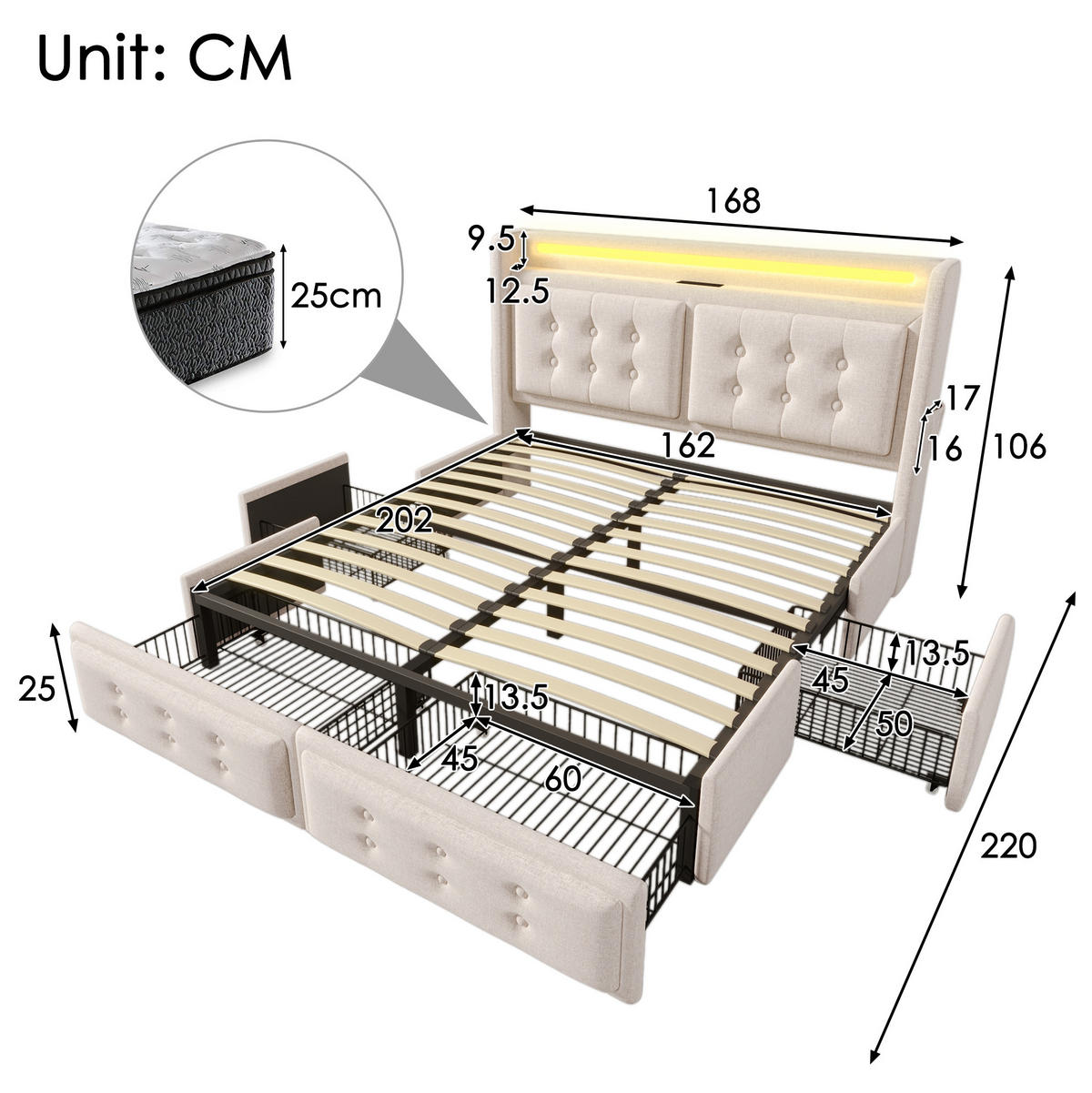 BETT mit LED, USB und 4 Schubladen 160x200 cm Baumwoll-Leinen Beige - Beige, Metall (160/200cm) - Meubliv