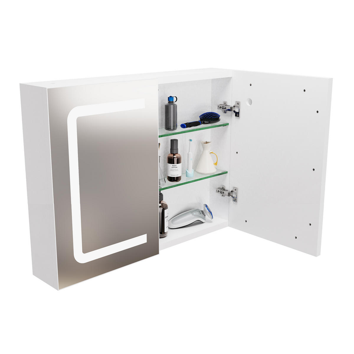 SPIEGELSCHRANK Badezimmerschrank mit LED-Beleuchtung, höhenverstellbaren Einlegeböden, drei Farbtemperaturen, Korpus, zweitüriger Schrank - Weiß, Holz/Holzwerkstoff (13.5/60/80cm) - WoodenAura